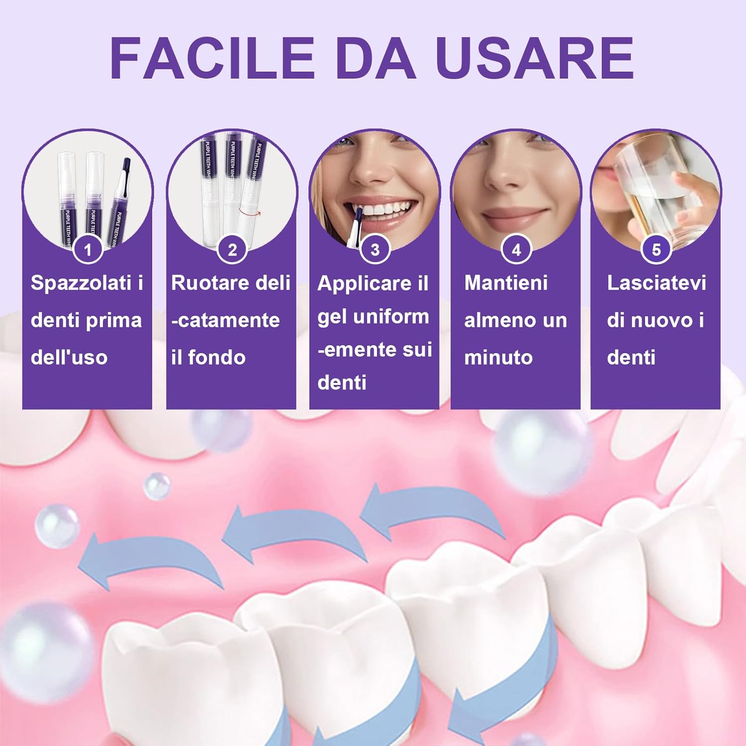 Detalle de Penne Sbiancante Denti – Gel Sbiancamento per Dental, Kit Professionale in Viaggio (Viola, 3 Pezzi)