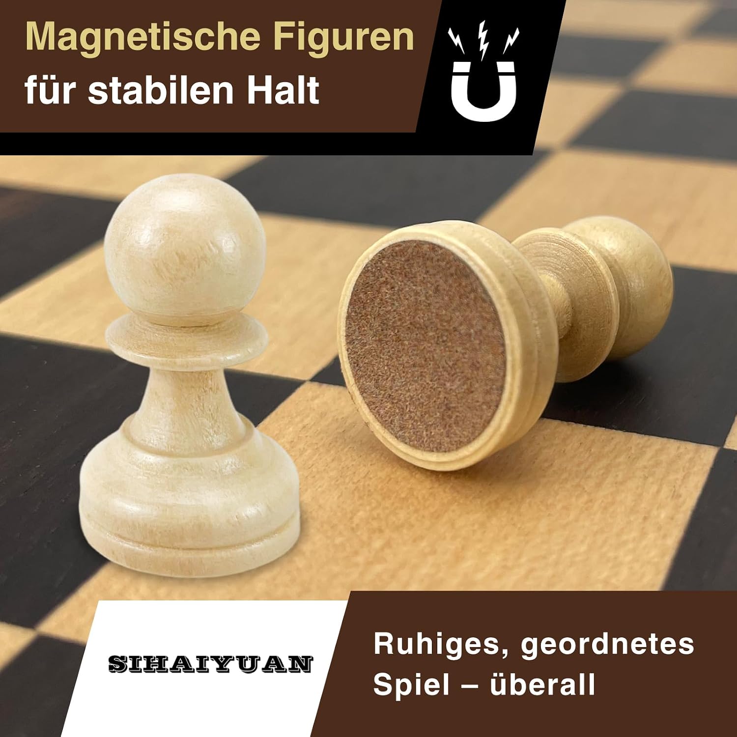 Detalle 2 de Sihaiyuan Schachspiel Holz Magnetisch – Faltbares 39 cm Brett mit 34 Staunton Figuren inkl. Extra Damen