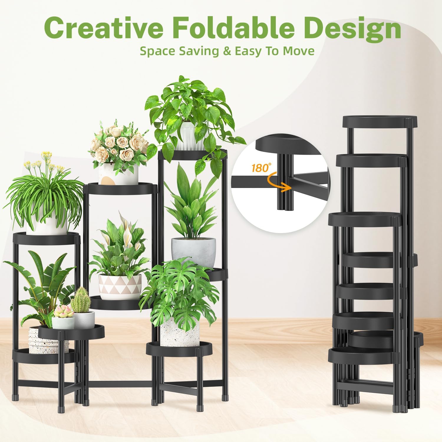 Detalle de iDavosic.ly 8-Tier Folding Plant Stand, Black Metal Rack with Plastic Trays