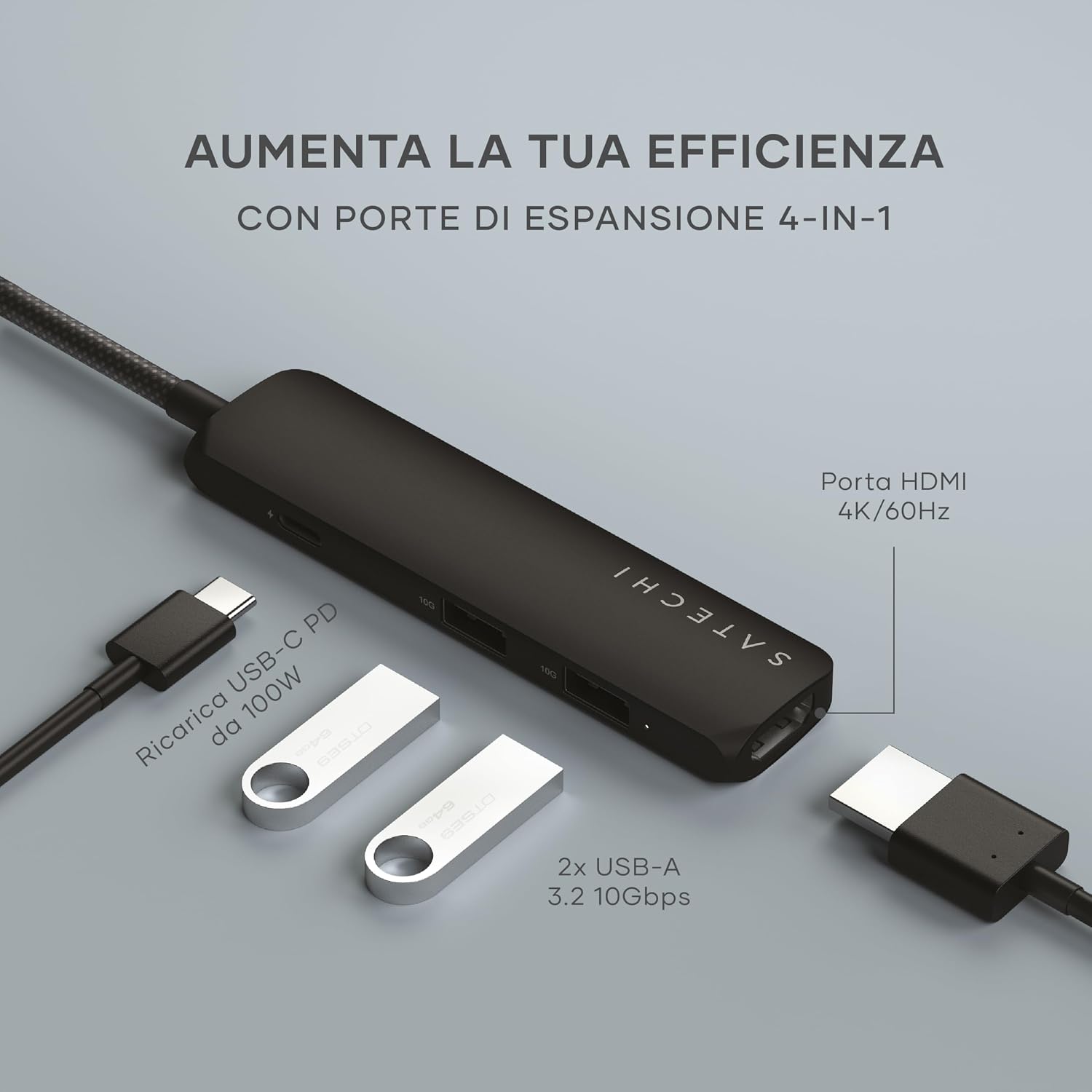 Detalle 2 de SATECHI Hub USB-C 4 in 1 Slim Plus con ricarica PD fino a 100W, HDMI 4K 60Hz e 2×USB-A 10Gbps (Nero)