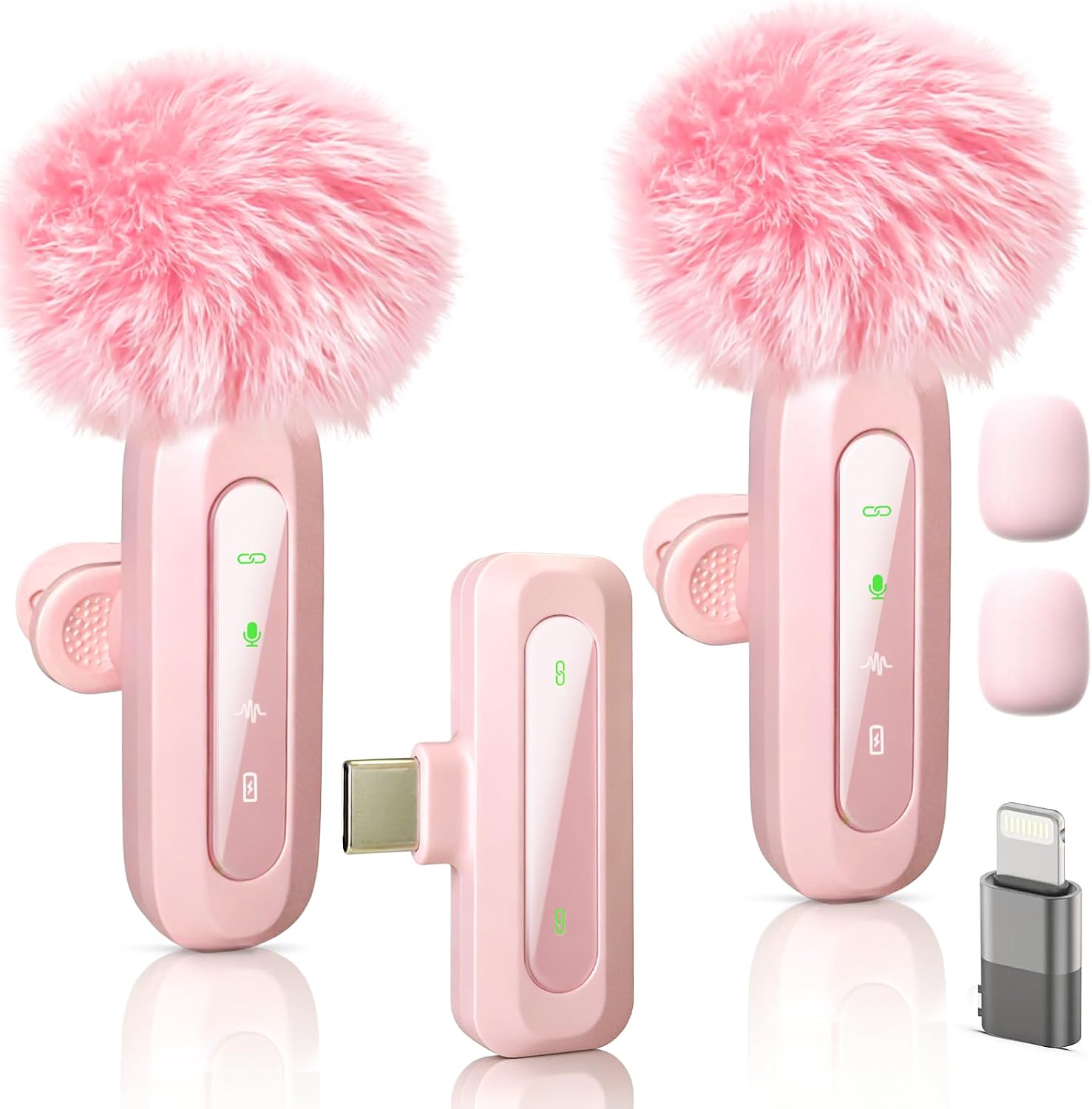 Detalle de Uewpv Microphone lavalier Rose pour iPhone et USB-C avec réduction du bruit, écran LED et clip rotatif