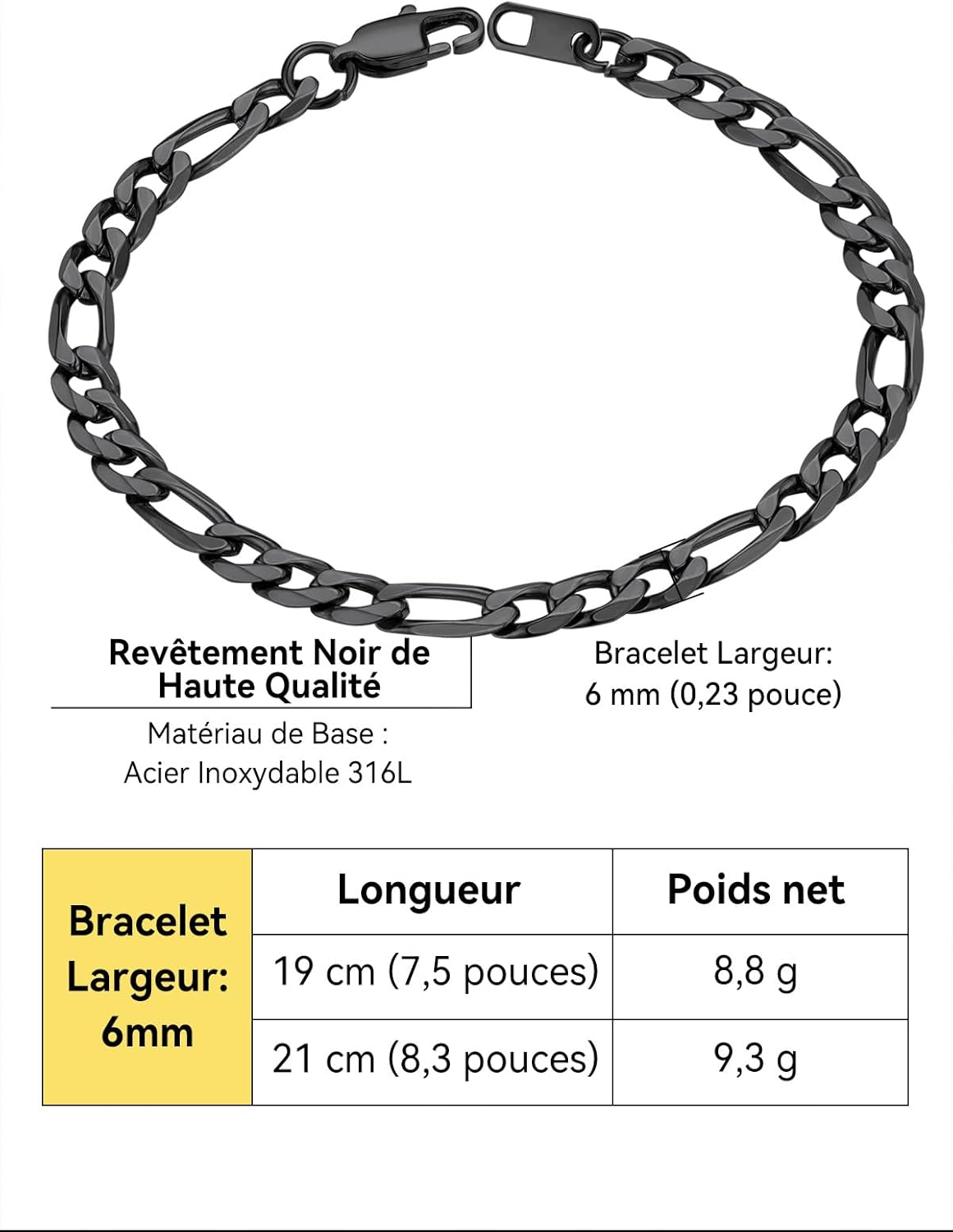 Detalle de Bracelet gourmette Homme en acier inoxydable ChainsHouse — Figaro, 19/21 cm, 6/9 mm, argenté, plaqué or ou noir