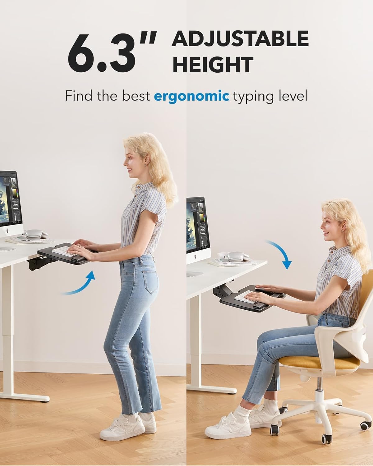Detalle 1 de HUANUO HN-J Under-Desk Keyboard Tray, Swivel, Height-Adjustable, with Wrist Rest