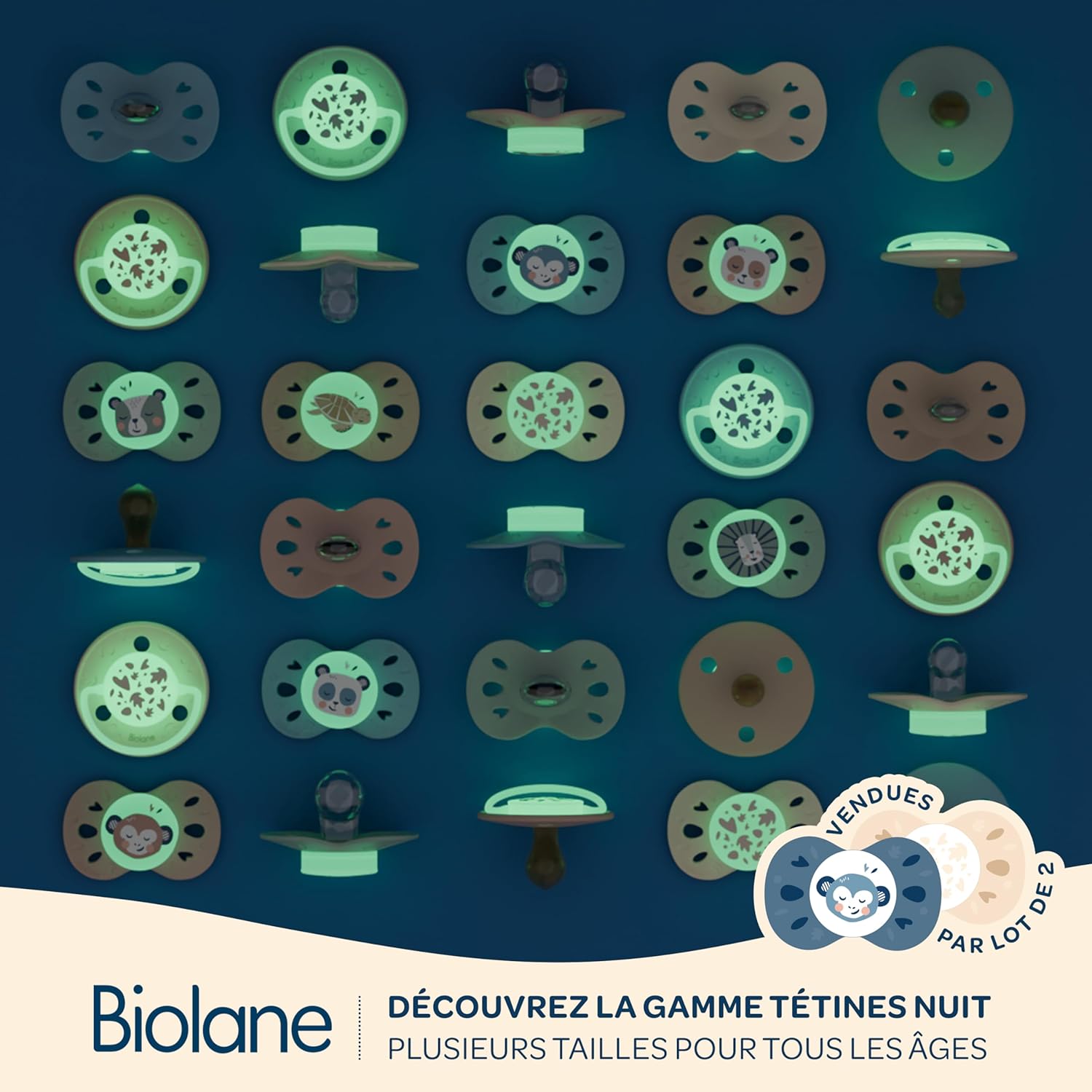 Thumbnail 6 de BIOLANE Tétines anatomiques de nuit phosphorescentes 18 mois et plus (vert et beige) téterelle plate réversible