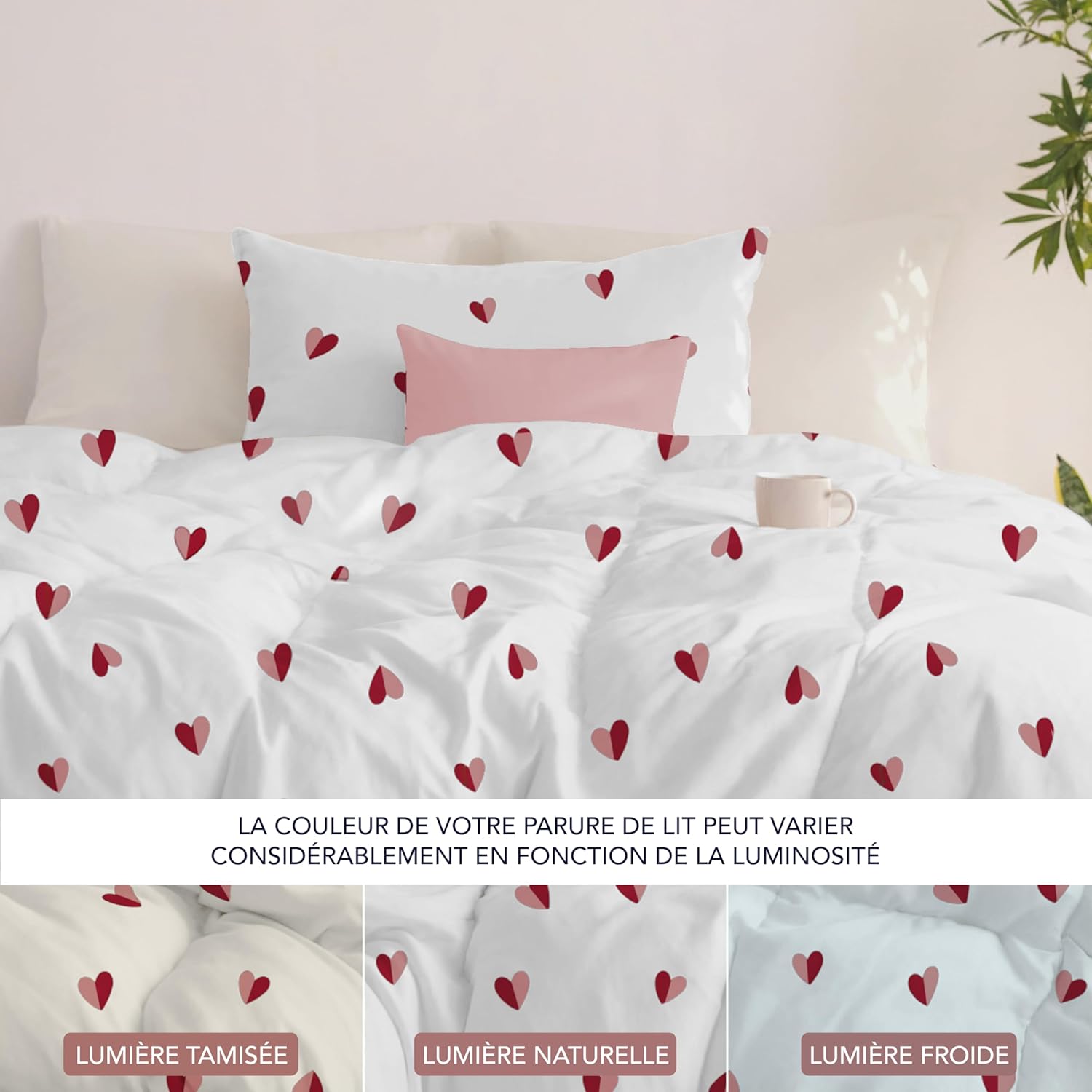 Thumbnail 5 de Dreamzie Housse de Couette 200x200 cm avec 2 Taies d'oreiller 80x80 cm – motif Cœur Rouge/Rose, Oeko-Tex