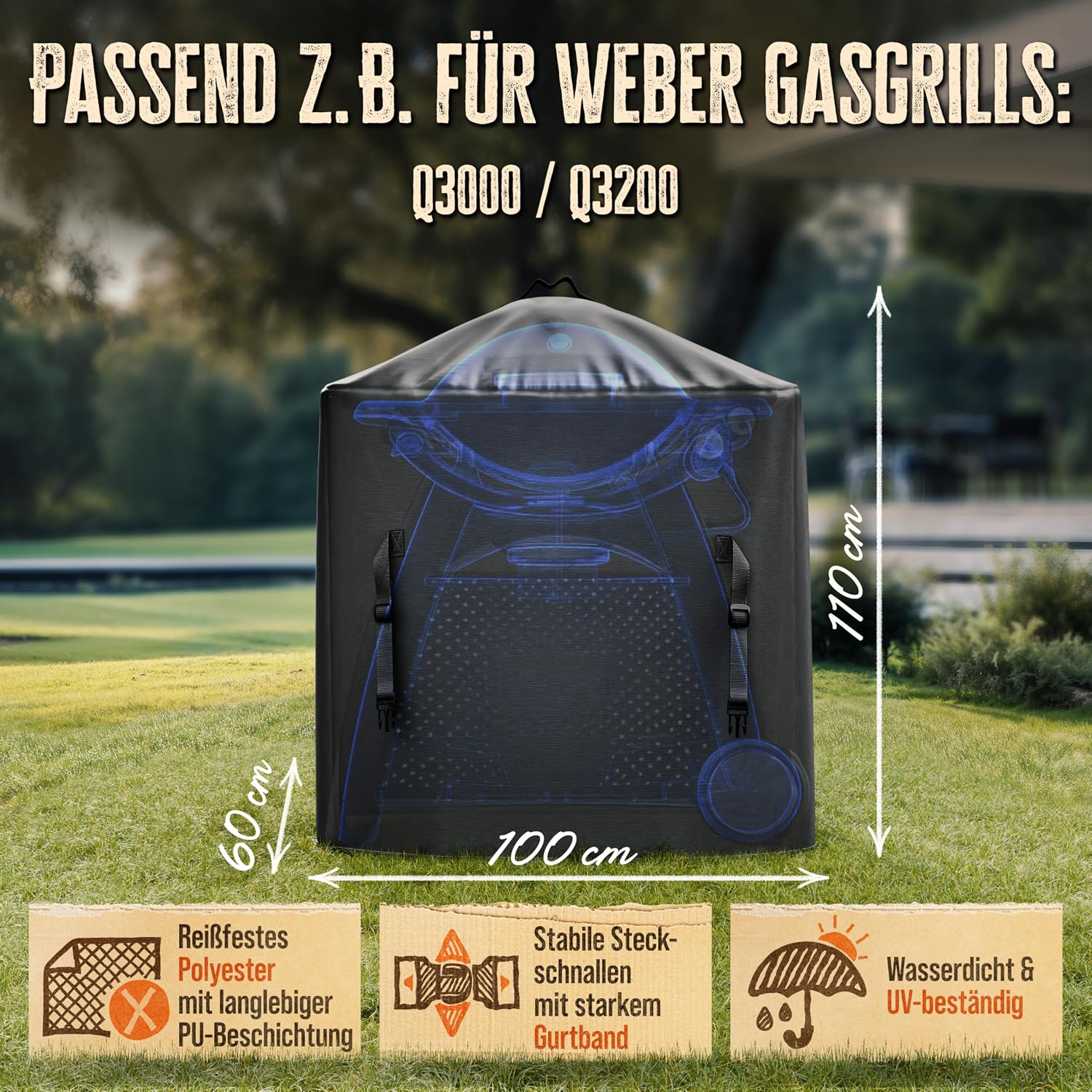Detalle 2 de AMZBBQ Grillabdeckung für Weber Q3000 100 x 110 x 60