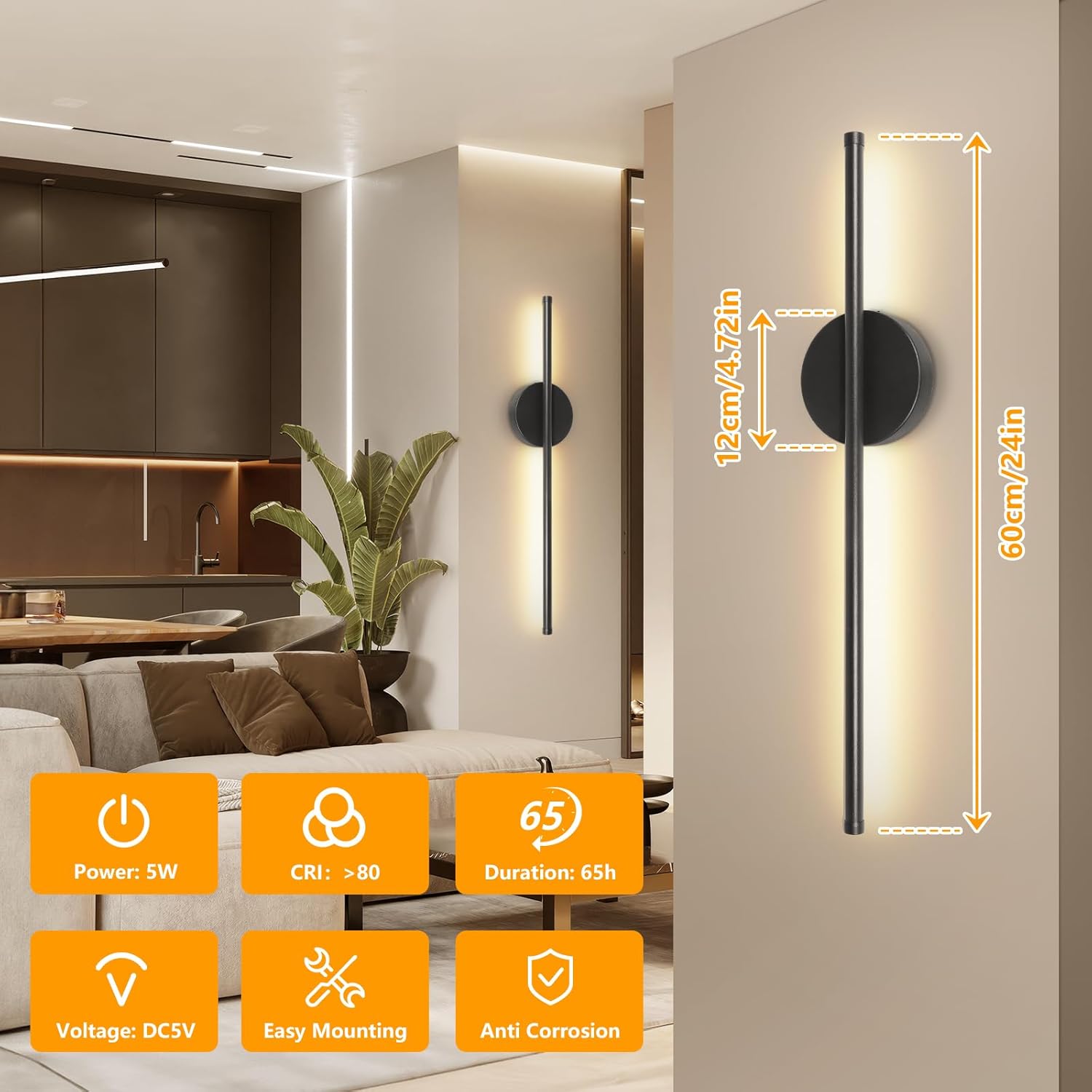 Detalle de Dehobo Rechargeable Wall Sconce Lights (2-pack) – 3 colour temps, wireless with remote, dimmable, 60cm