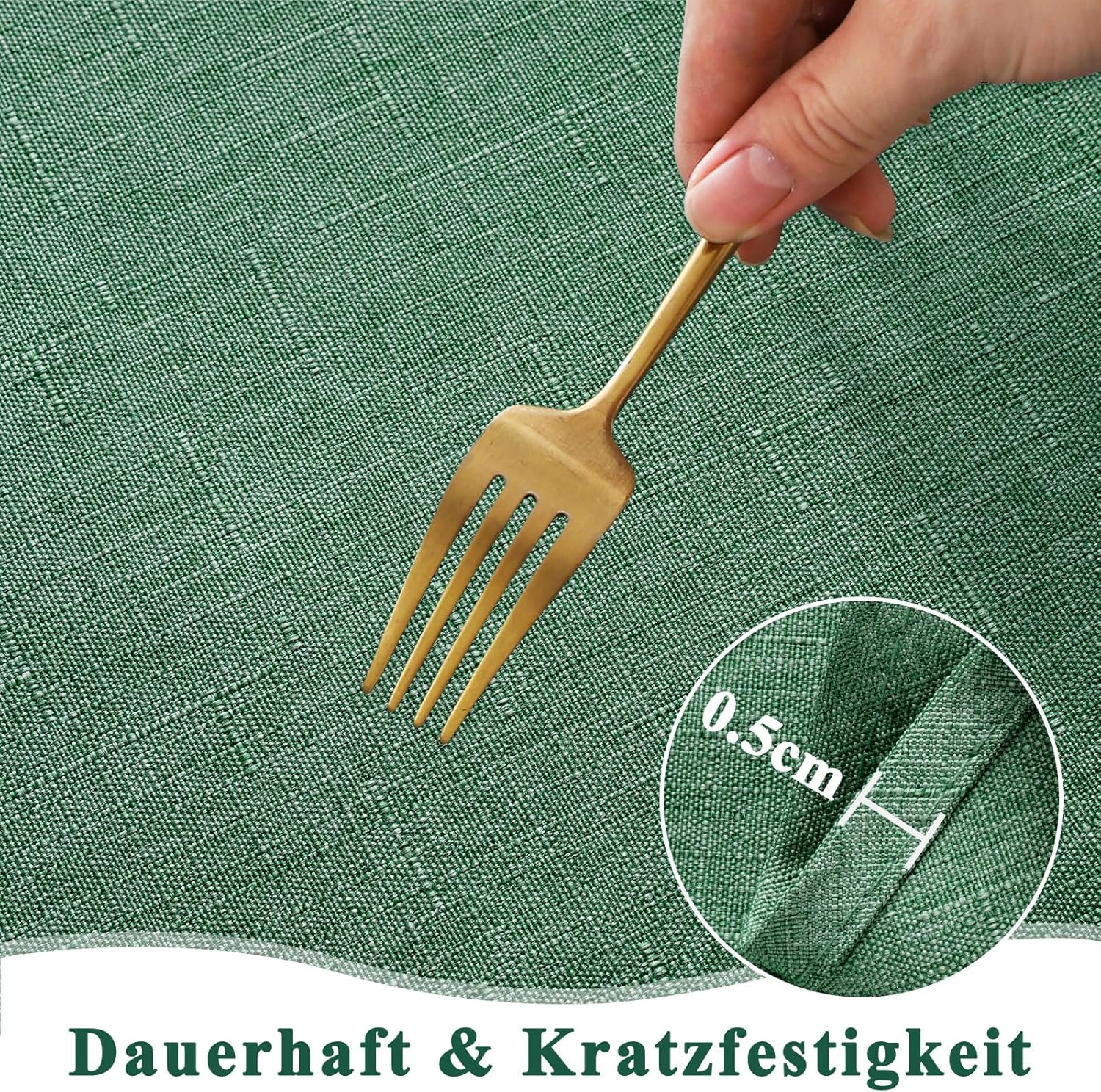 Detalle 2 de AooHome Tischdecke Abwaschbar Grün 160x300 cm – Leinenoptik, wasserabweisend, kratzfest