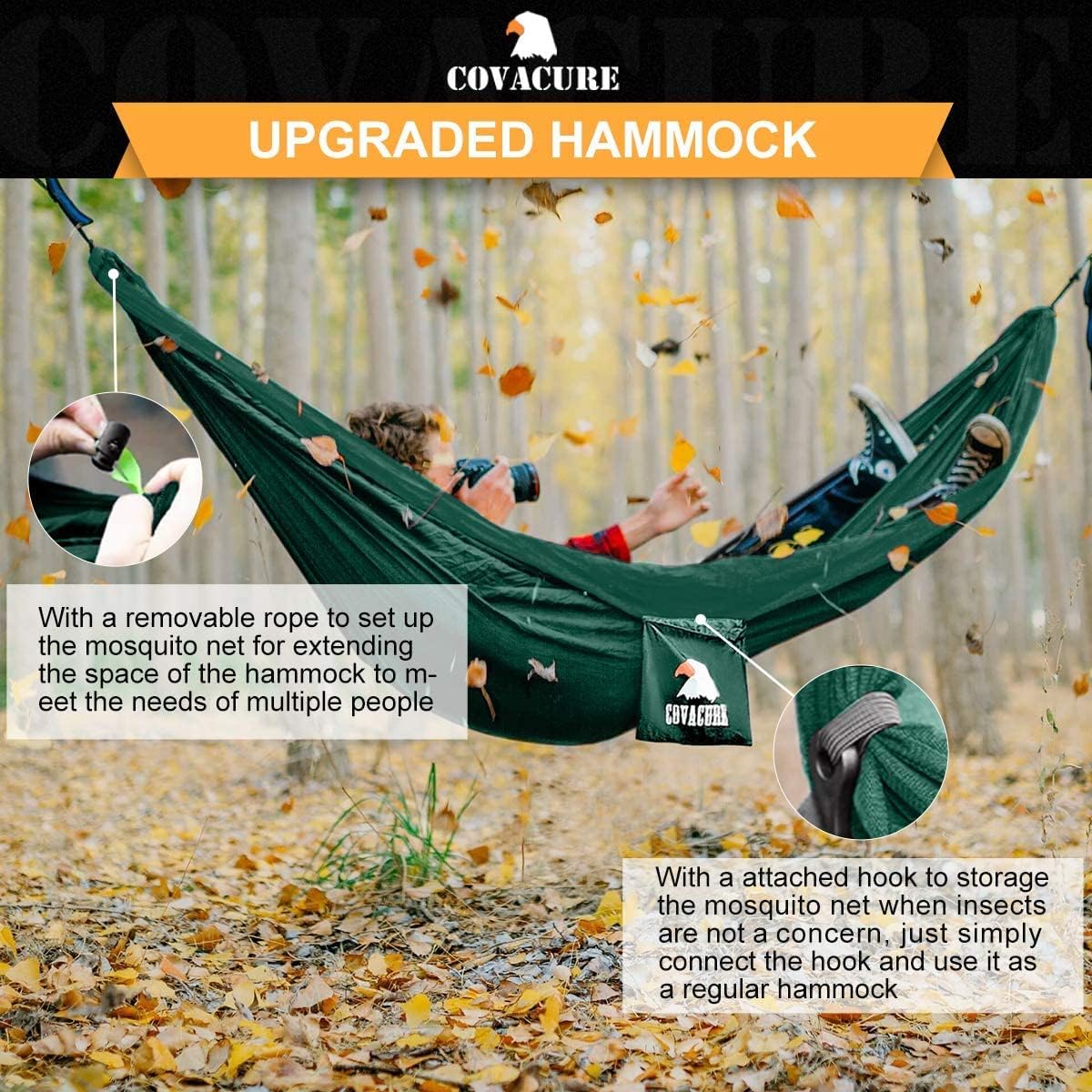 Detalle 2 de COVACURE Hängematte Outdoor mit Moskitonetz – 350 kg Tragfähigkeit, 290 × 140 cm, ultraleicht