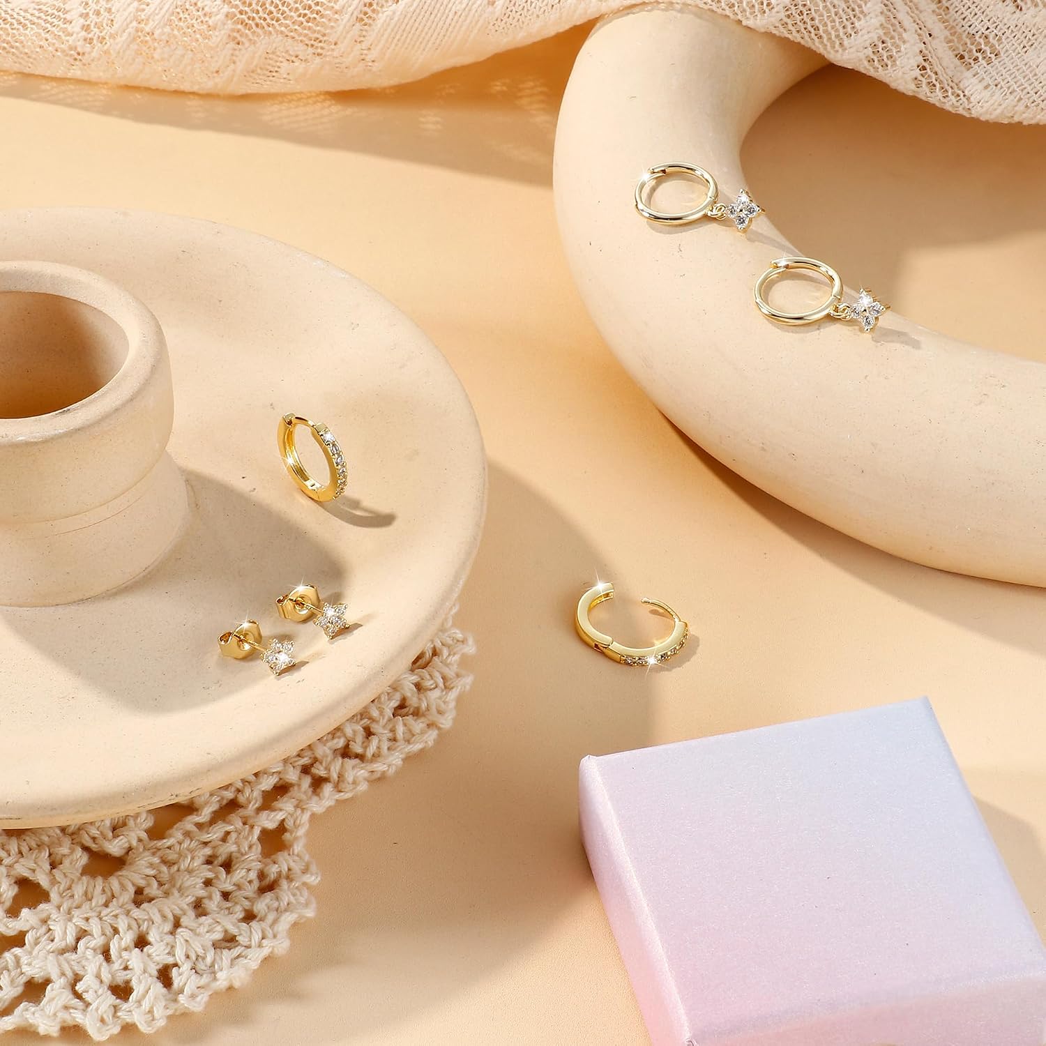 Detalle de Diamday 3 Paar Ohrringe Silber 925 – Creolen & Ohrstecker Set, hypoallergen, 14K-Gold vergoldet