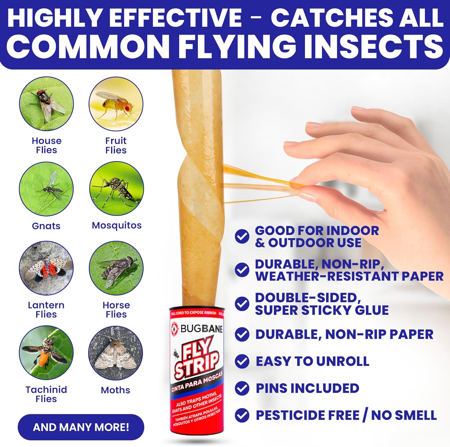 Detalle de Fly Strips Indoor Sticky Hanging 24pk with Pins – Non-Toxic Fly Tape for Home and Outdoor Use