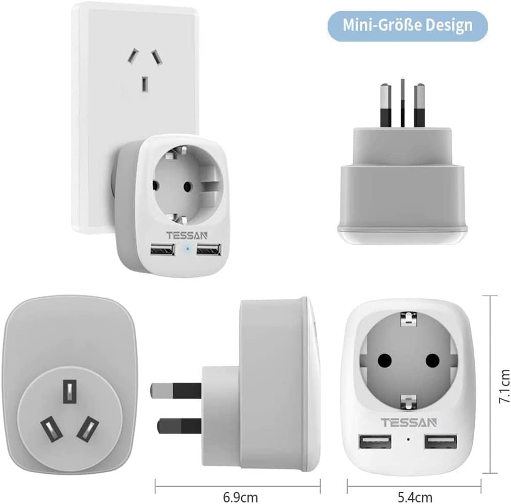 Detalle de TESSAN 2er-Reiseadapter für Australien/Neuseeland (Typ I) mit 2× USB – Steckdosenadapter für unterwegs