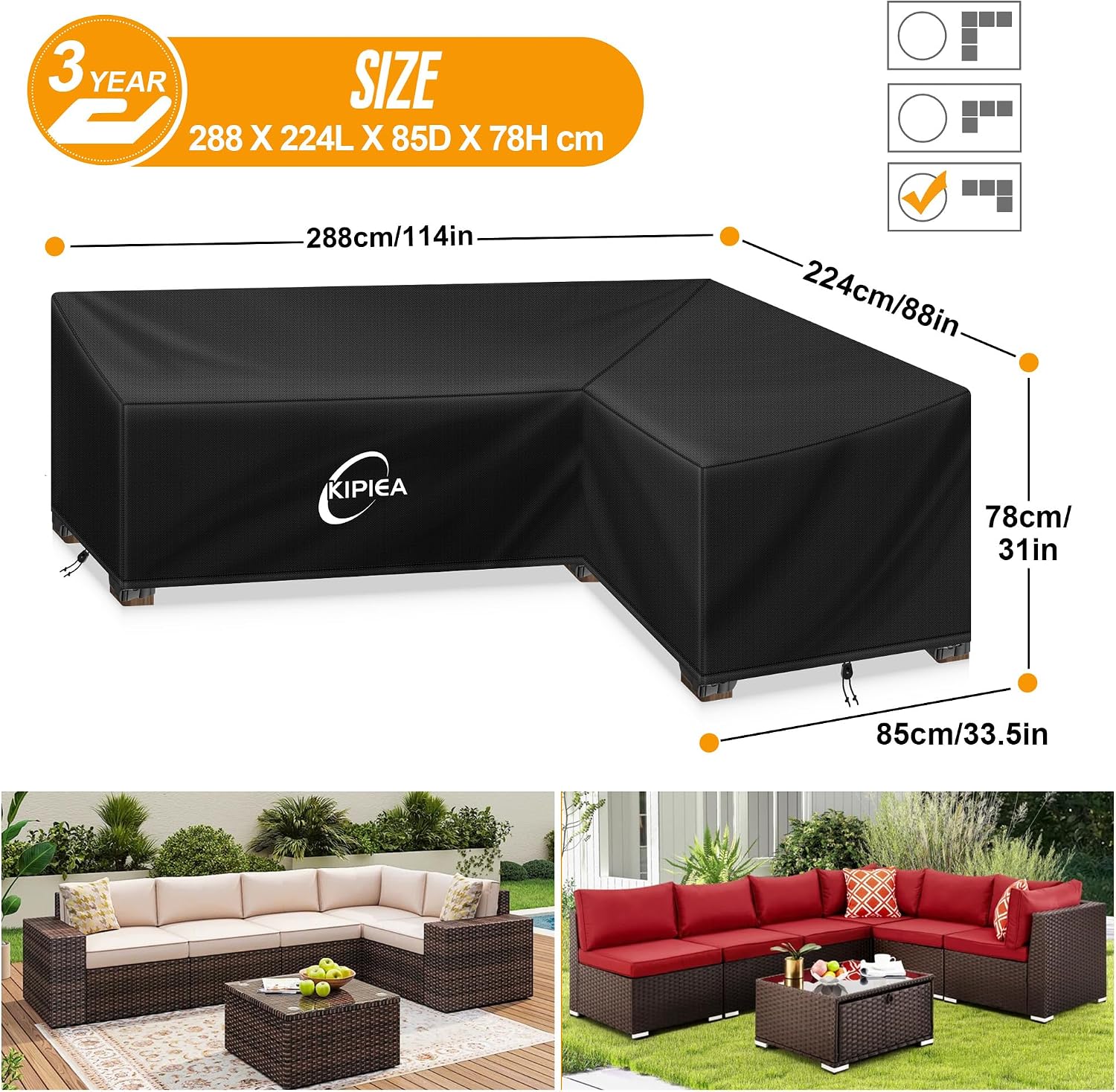 Detalle de Kipiea L Shaped Garden Furniture Cover: Waterproof 420D Oxford, Windproof & UV-Resistant for Outdoor Corner Sofas
