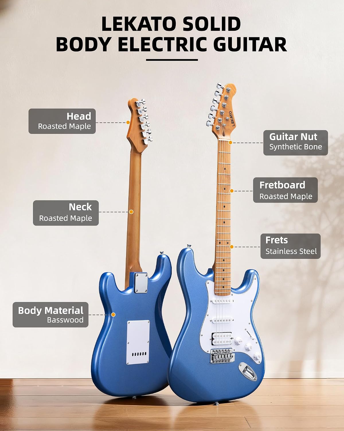 Detalle de LEKATO BCUS3680BL Electric Guitar Kit, 39-Inch HSS with 5W Mini Amp