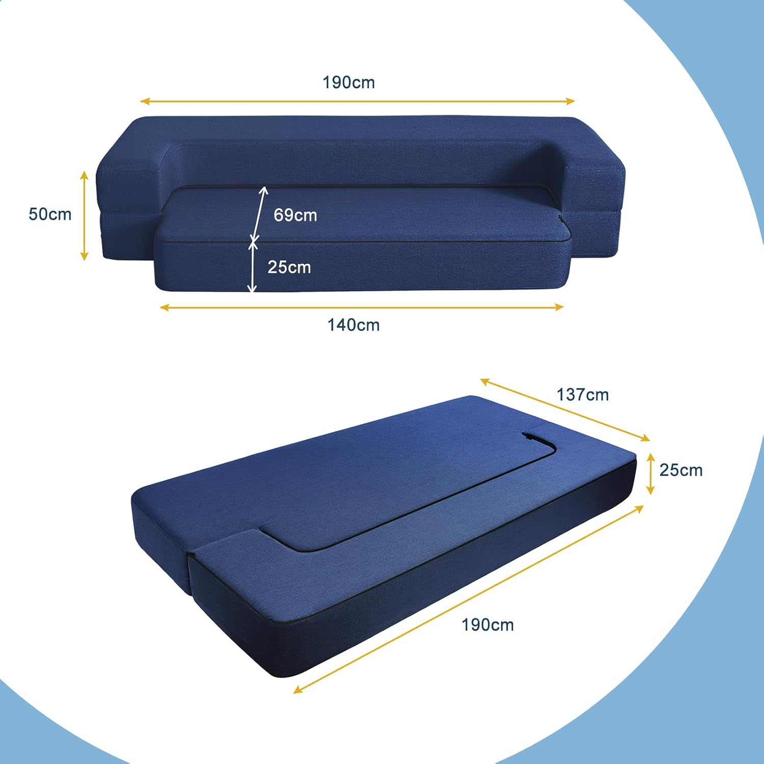 Detalle de ANONER Divano Pieghevole Letto in cotone e memory foam 50D, blu scuro