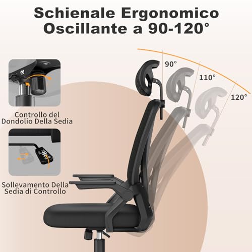 Detalle de naspaluro Sedia da Ufficio con Braccioli Ribaltabili a 90° e Schienale in Rete 3D, Nero