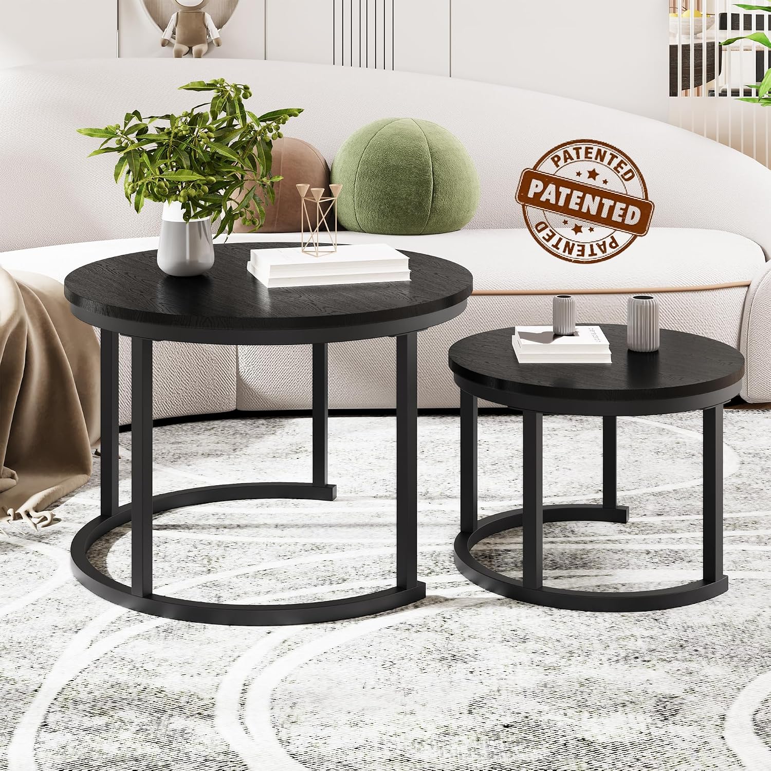 Detalle de HOMERECOMMEND ronde salontafelset van 2 met houten bladen en zwart metalen frame