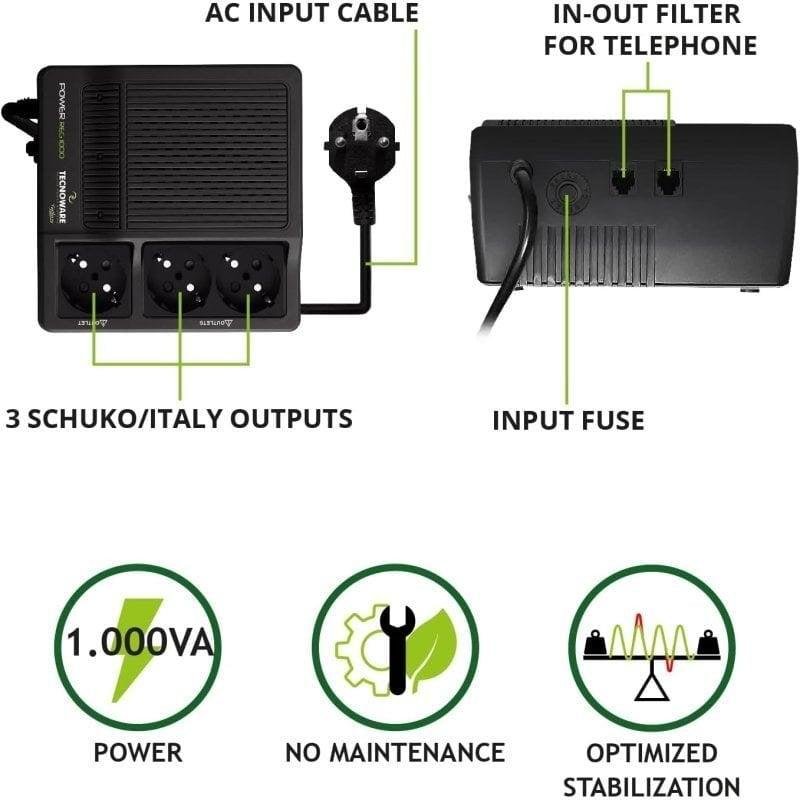 Detalle 2 de Estabilizador de Tensión Tecnoware 2000VA para módem, router y PC | No es SAI