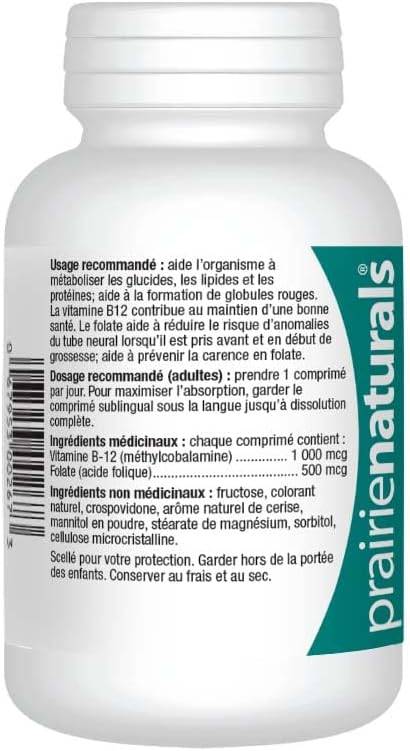 Detalle de Prairie Naturals 00267 Sublingual B12 Tablets with Folic Acid, Cherry