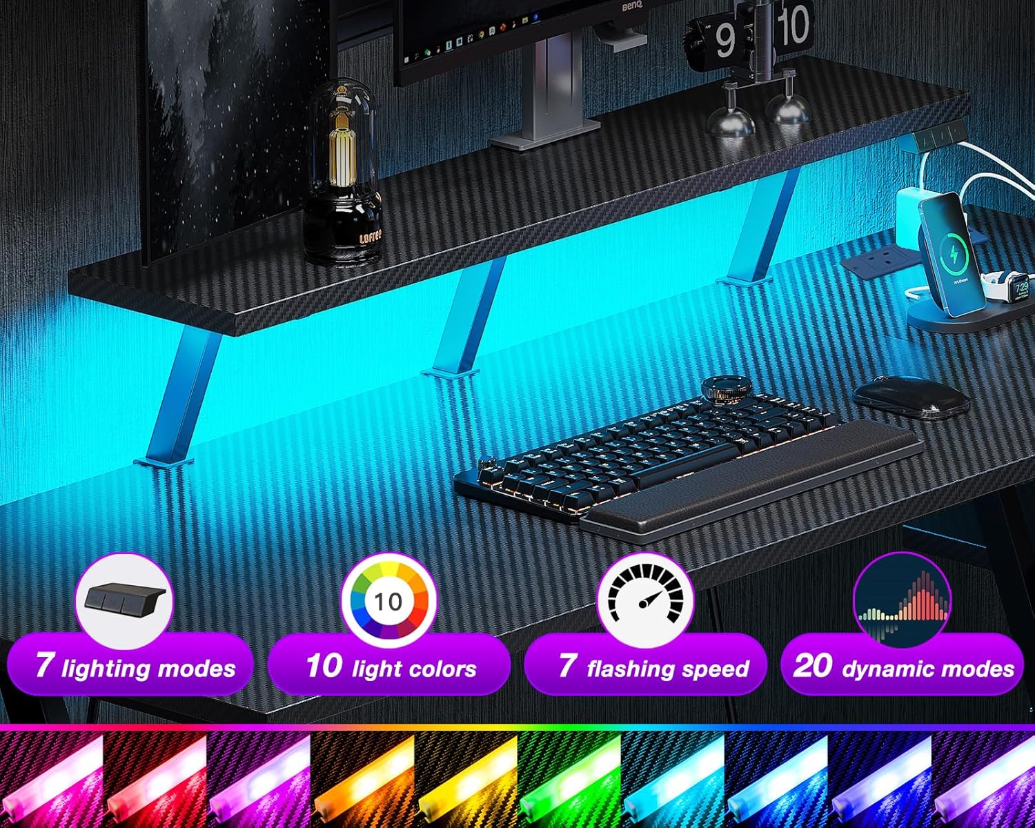 Thumbnail 3 de ODK Gaming Desk with LED Lights, 2 Power Outlets & 140CM L-Shaped Monitor Stand (Carbon Fibre Black)