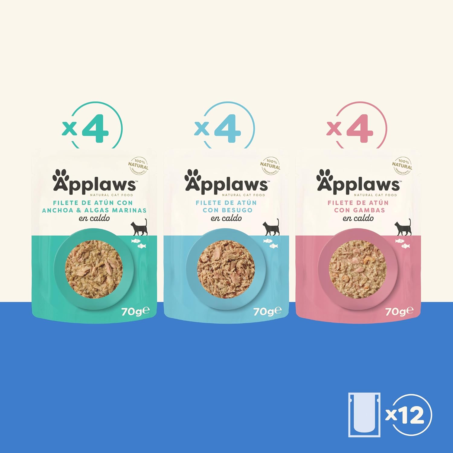 Detalle de Applaws Alimento Umido Gatti 100% Naturale, Assortimento di Pesce in Brodo, 12 Pochette da 70g