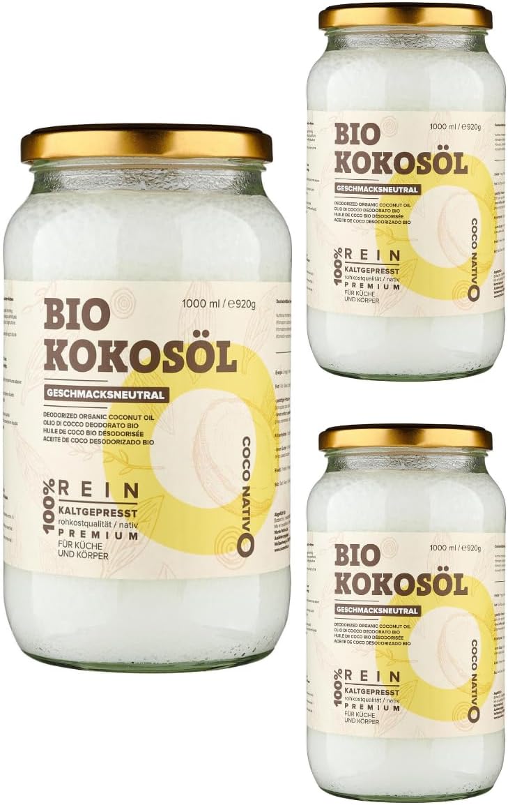 CocoNativo Organic Coconut Oil Unscented 3x1000mL – Virgin, Odourless, Cold Pressed