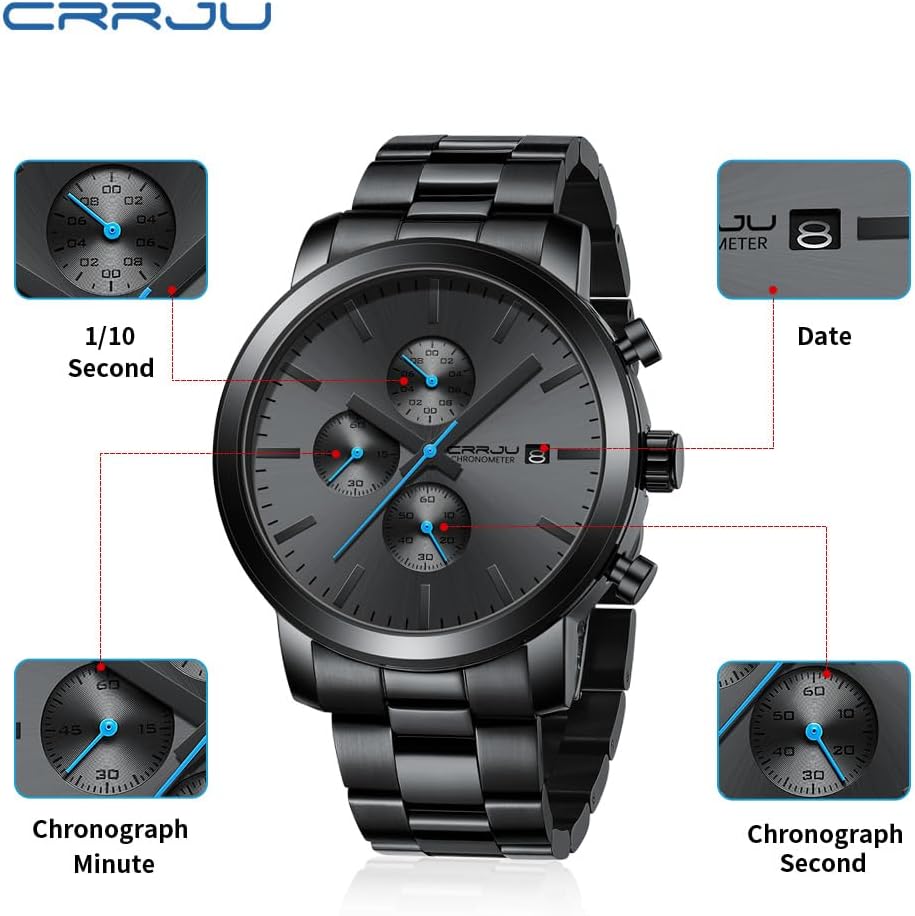 Thumbnail 6 de CRRJU Herren Chronograph Schwarz Edelstahl – Quarz, Datum, Stoppuhr, 45 mm