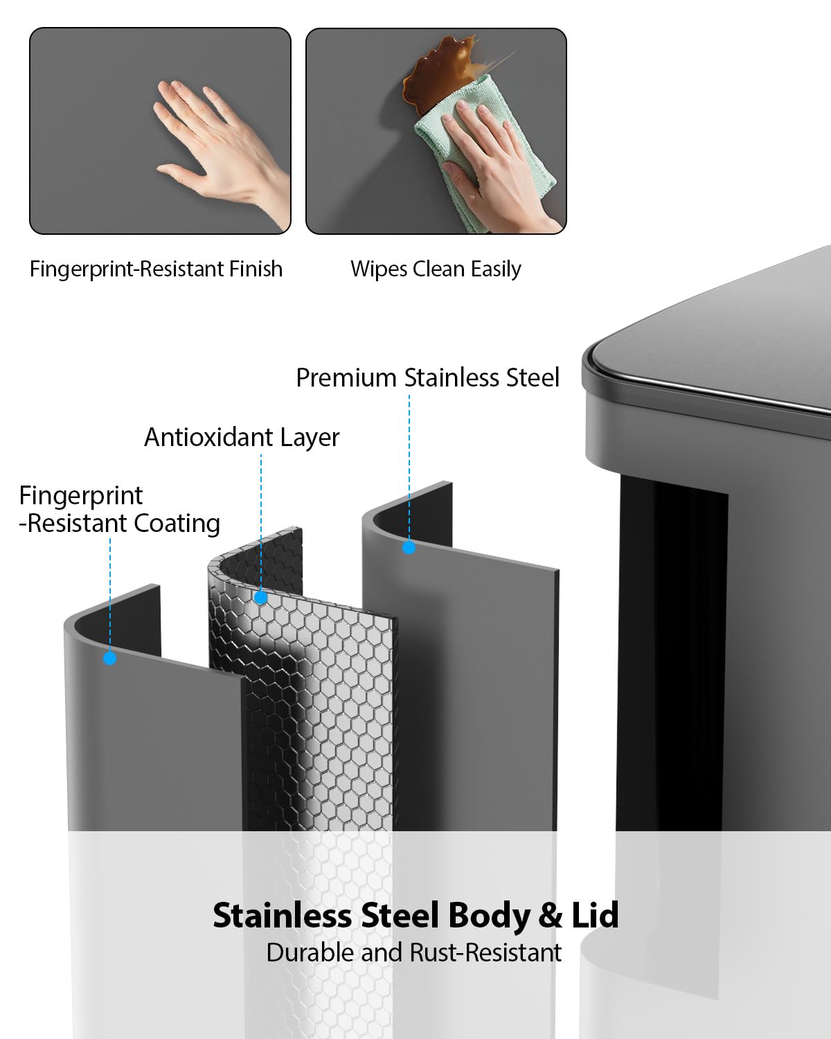 Detalle 2 de Lovewind 22-Gallon Dual-Compartment Stainless Steel Step Trash Can