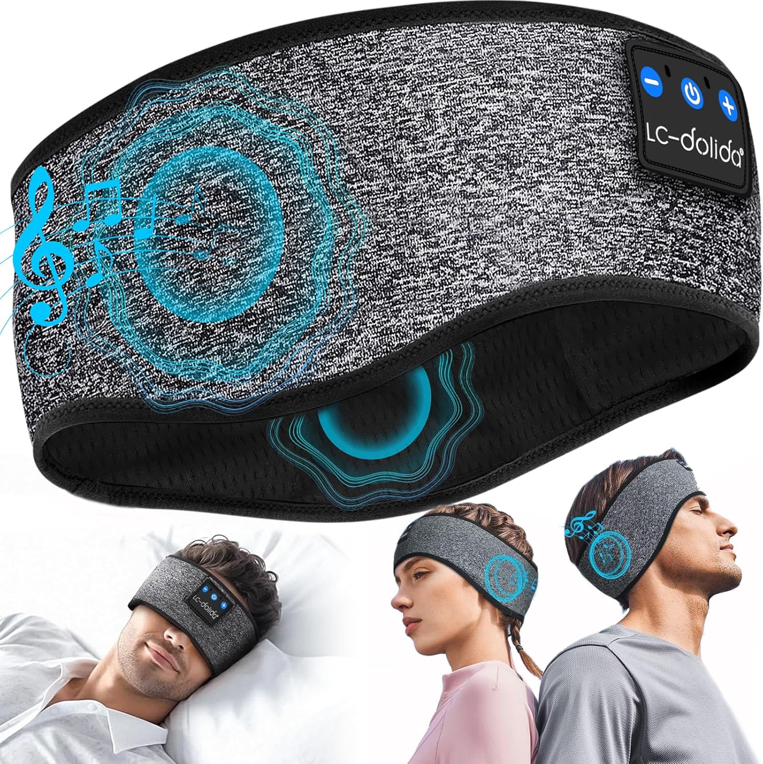 Detalle de LC-dolida Schlafkopfhörer Bluetooth 5.4 – Stirnband zum Schlafen, Musik & Training (Grau)