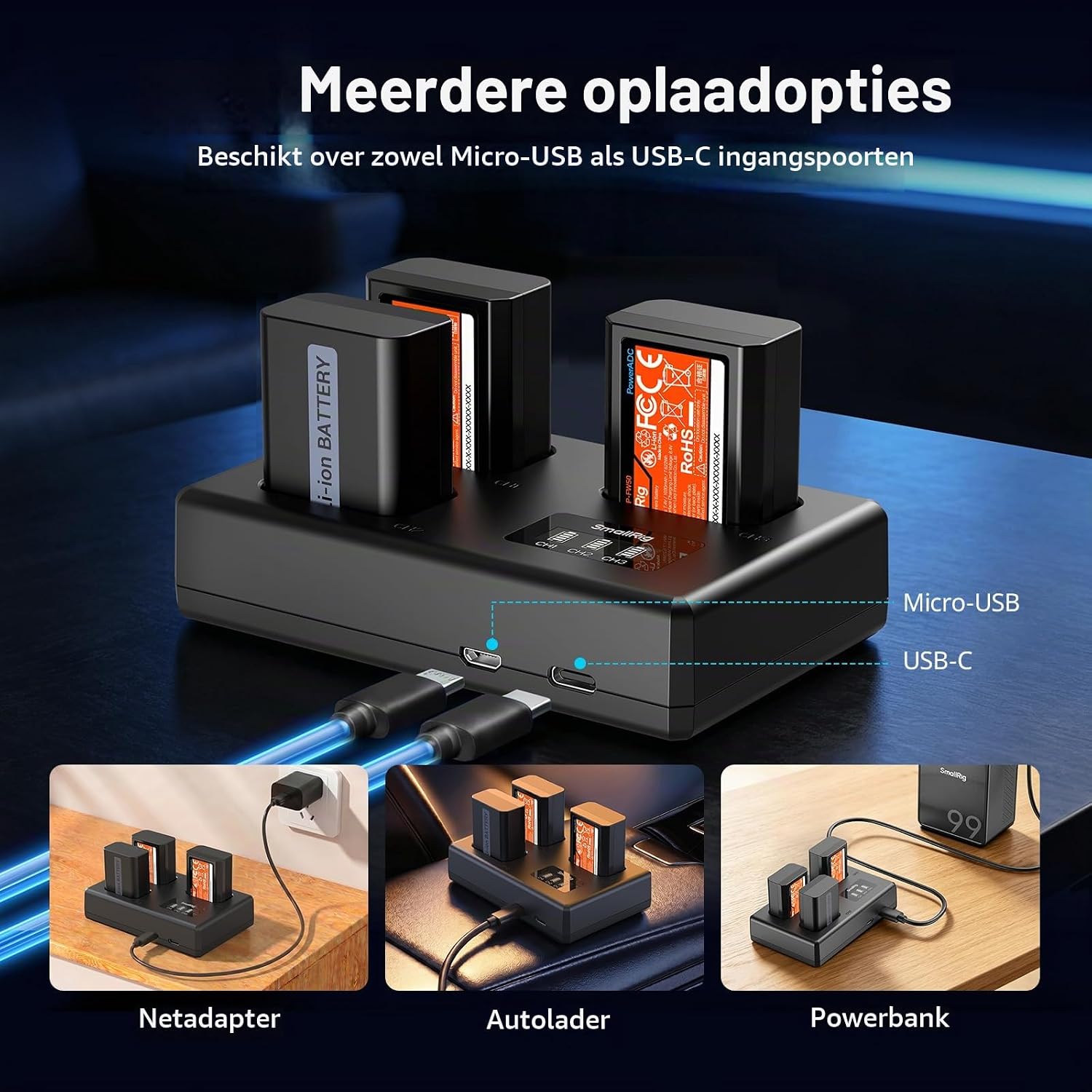 Detalle 2 de SMALLRIG 6019 NP-FW50-batterijset met drie accu's en lcd-lader