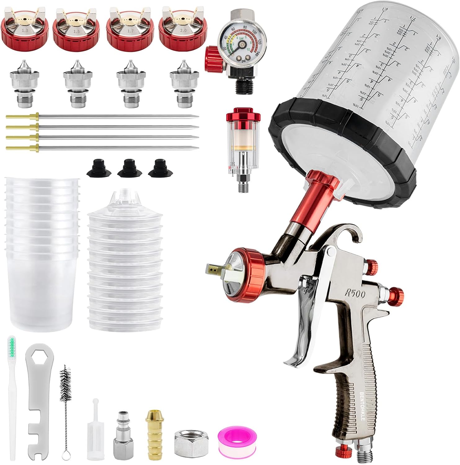 Detalle de BENTOHKLE R500 LVLP Air Spray Gun with 650 mL Cup, 4 Nozzles and 10 Disposable Cups