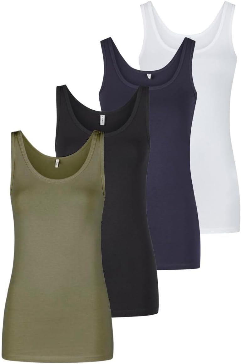 Detalle de ONLY Tank Top Damen – 4er Pack Basic Trägershirt aus Baumwolle-Stretch (Slim Fit)