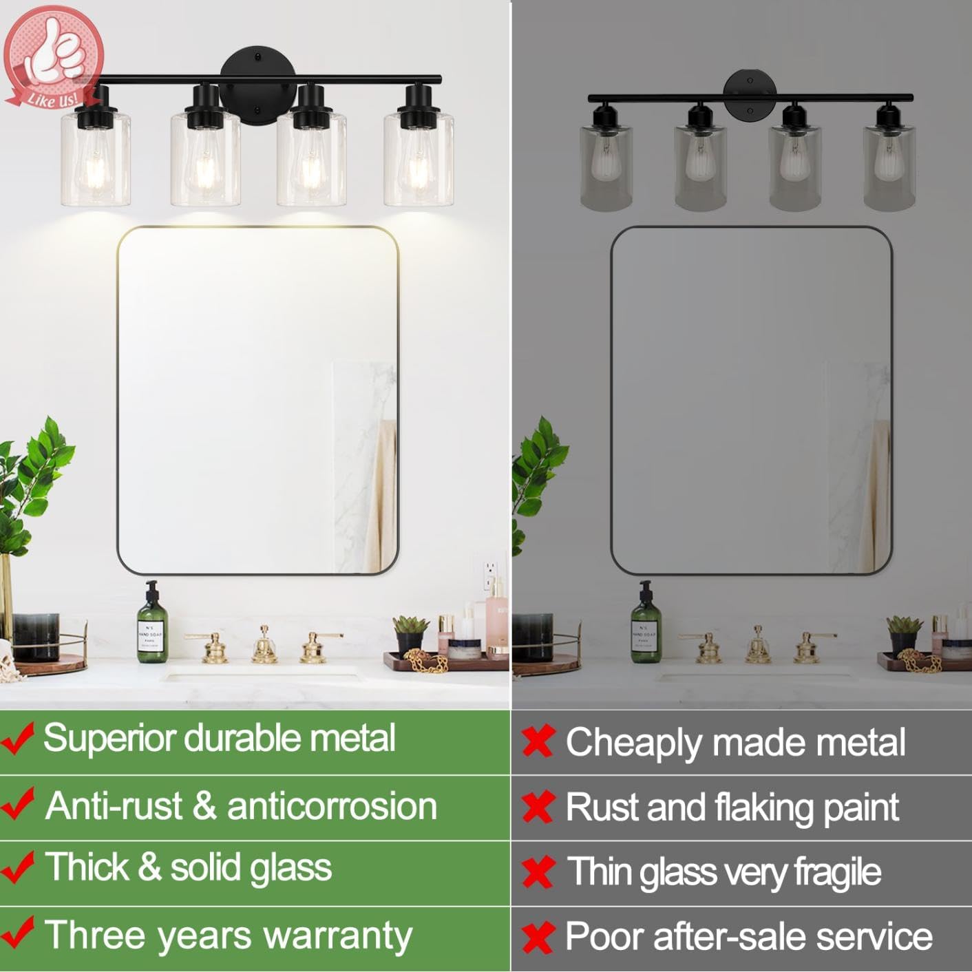 Detalle de Zarbitta Matte Black Vanity Light with Clear Glass Shades, Reversible Mounting