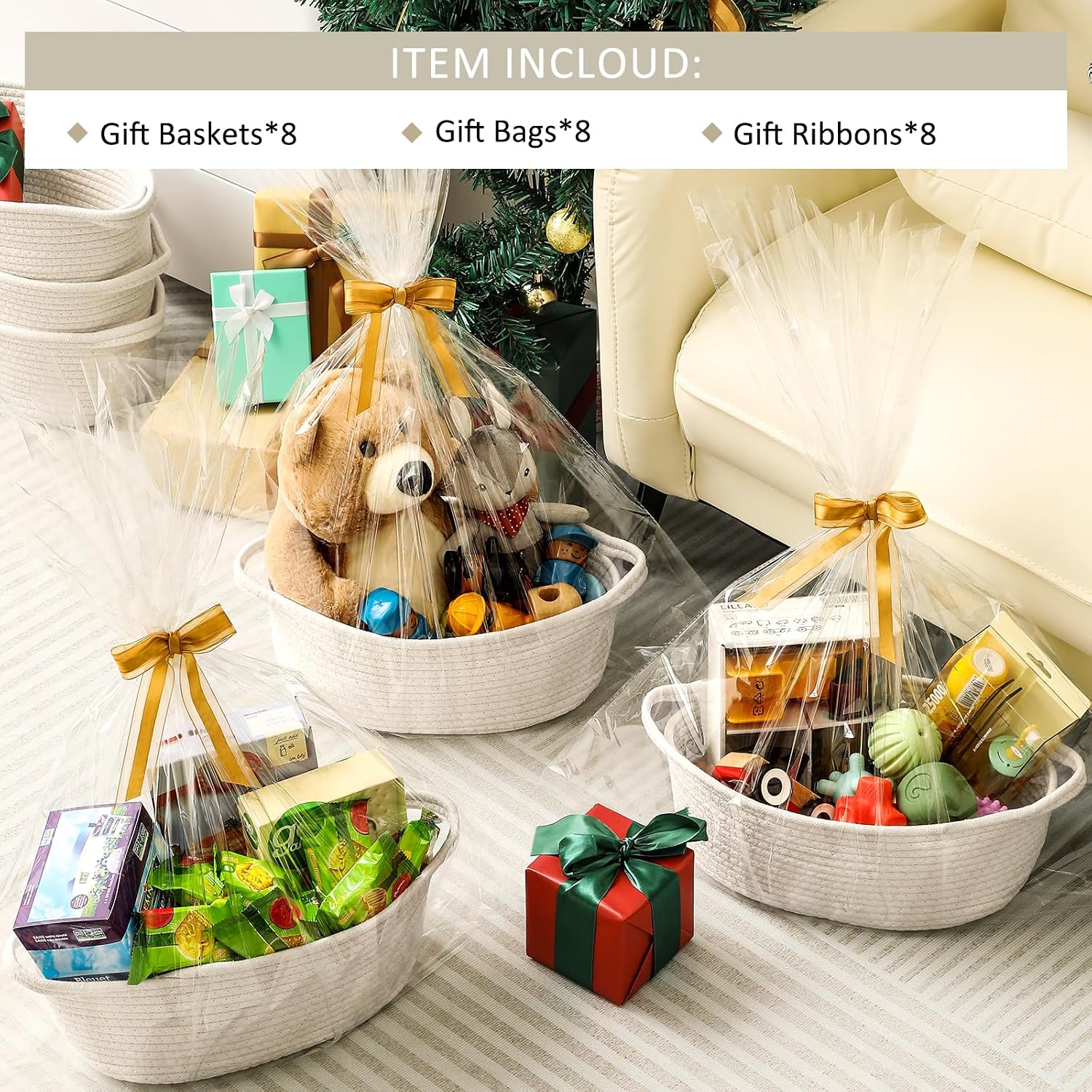 Detalle 2 de LANDNEOO 8-Pack Woven Cotton Rope Baskets with Gift Bags and Ribbons, White
