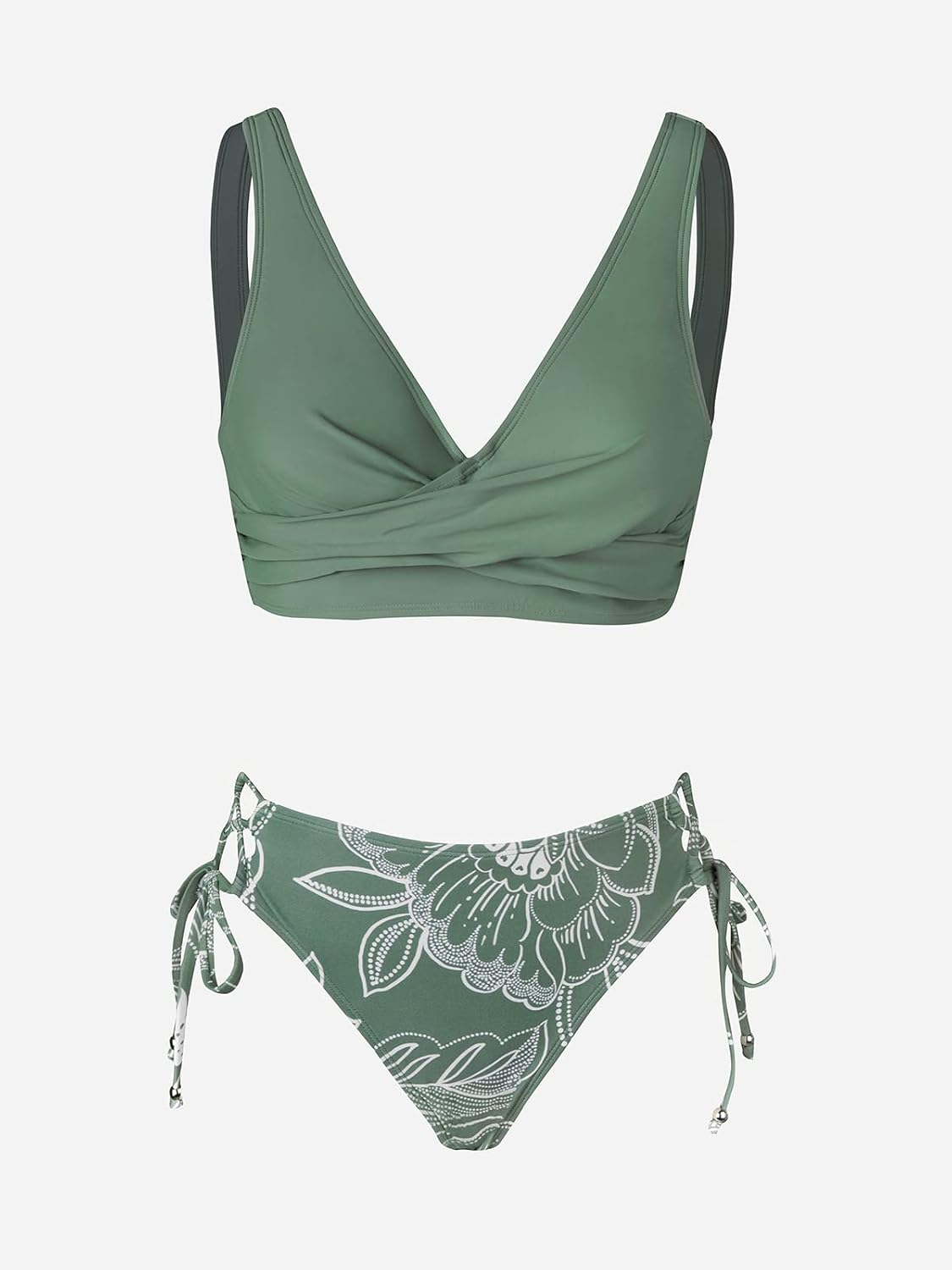Detalle de Zweiteiliges CUPSHE Damen-Bikini-Set mit Wickeloptik, Blumenmuster und Bändchenschnürung (Low Rise)
