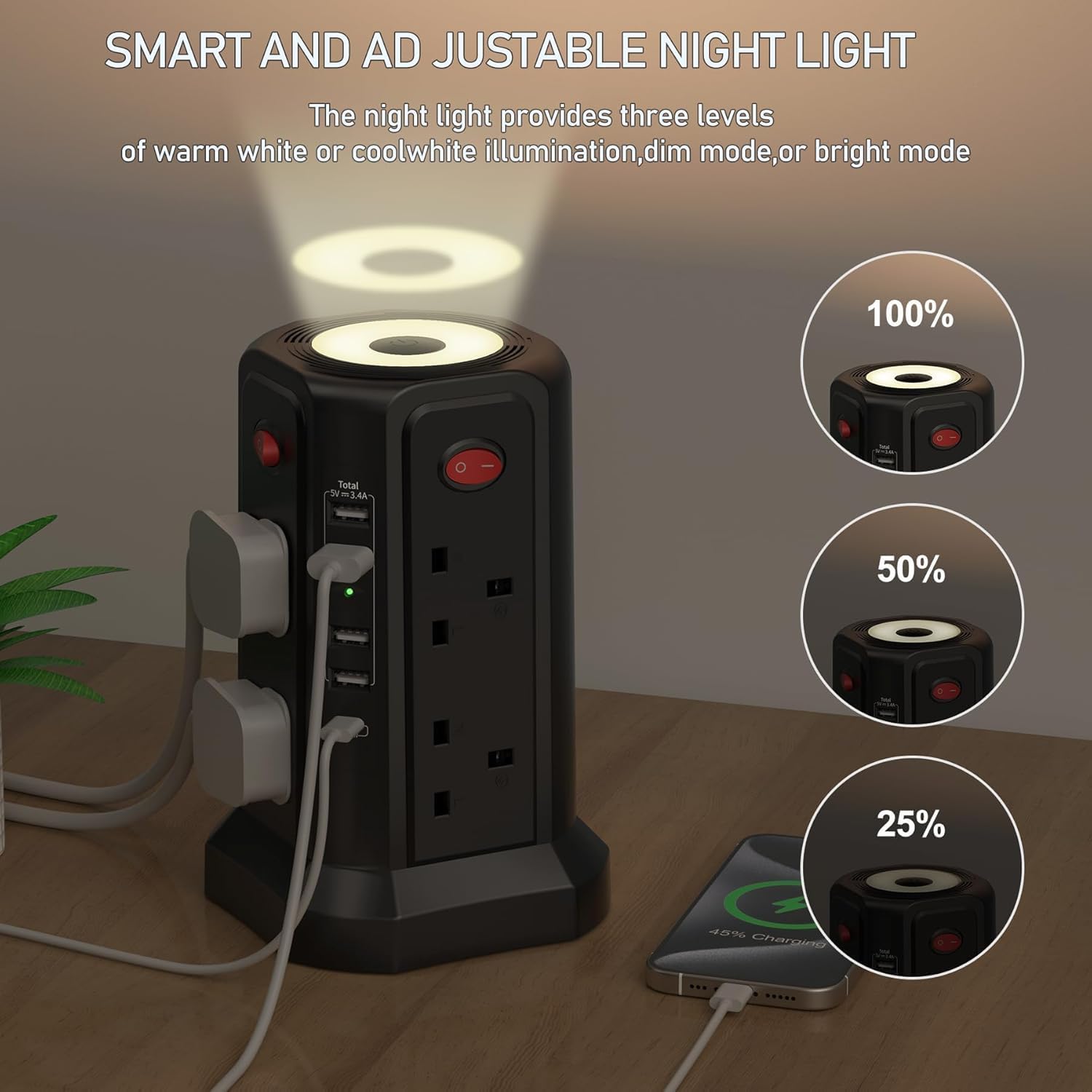 Thumbnail 2 de Extension Lead with USB Ports and 20W USB-C Fast Charger – 8 Way Tower with Night Light and 5M Cable