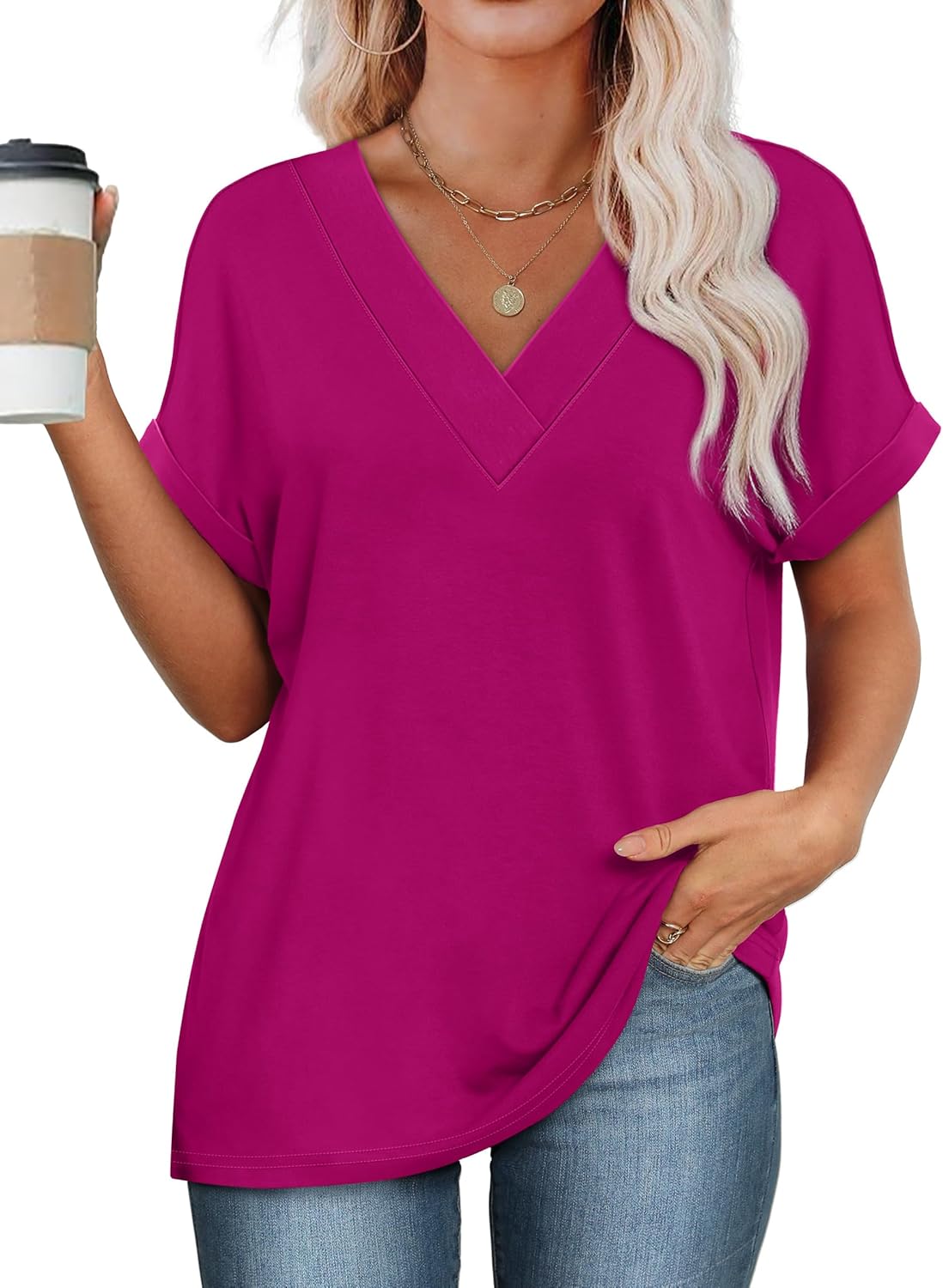 Thumbnail 2 de WIHOLL Women’s V-Neck Dolman Sleeve Summer Top (Rolled Sleeve) — Soft Stretch Blend