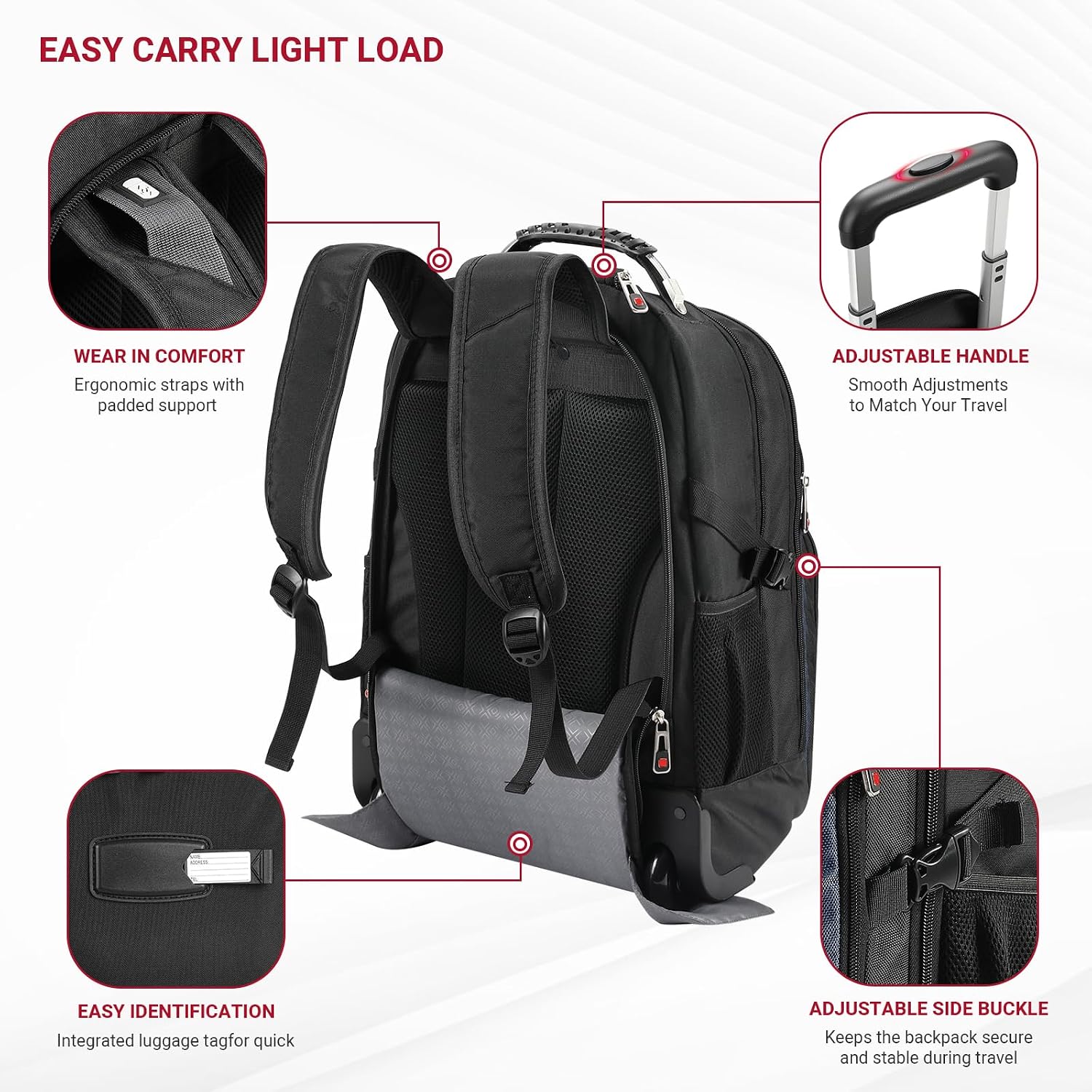 Detalle 2 de Star Cloud Rolling Backpack with Wheels: 17.3" Laptop, USB & Type-C Charging, 45L Carry-On