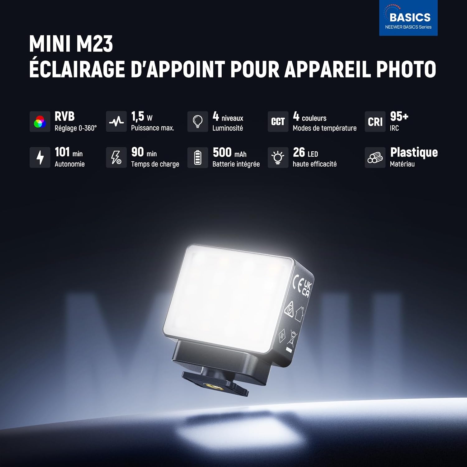 Thumbnail 1 de NEEWER BASICS Éclairage auxiliaire magnétique RGB pour caméra (AC024 / M21 / M23) CRI 95+