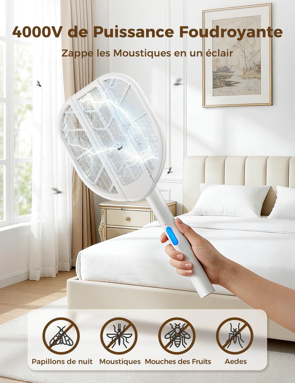 Detalle de AROEVE Raquette Électrique Insectes Pliable 4000V Lumière Bleue