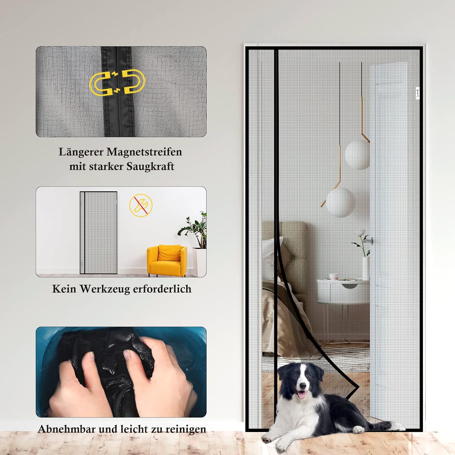 Detalle de fowong Magnet Fliegengitter für Balkontür mit seitlicher Öffnung, 100x210 cm – reißfestes Katzenschutzgitter ohne Bohren