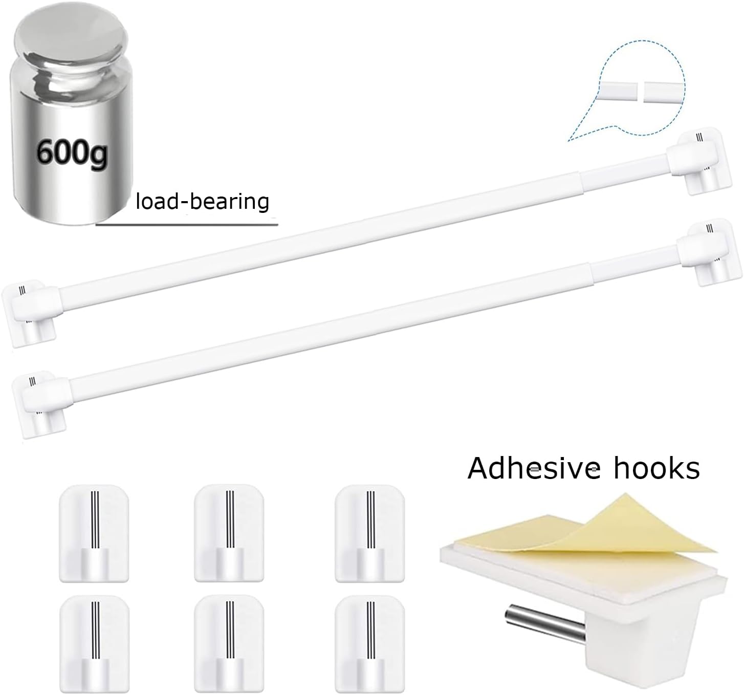 Thumbnail 2 de Honeyes bastoni per tende telescopici in plastica regolabili con attacchi adesivi (bianco, 6 pezzi)