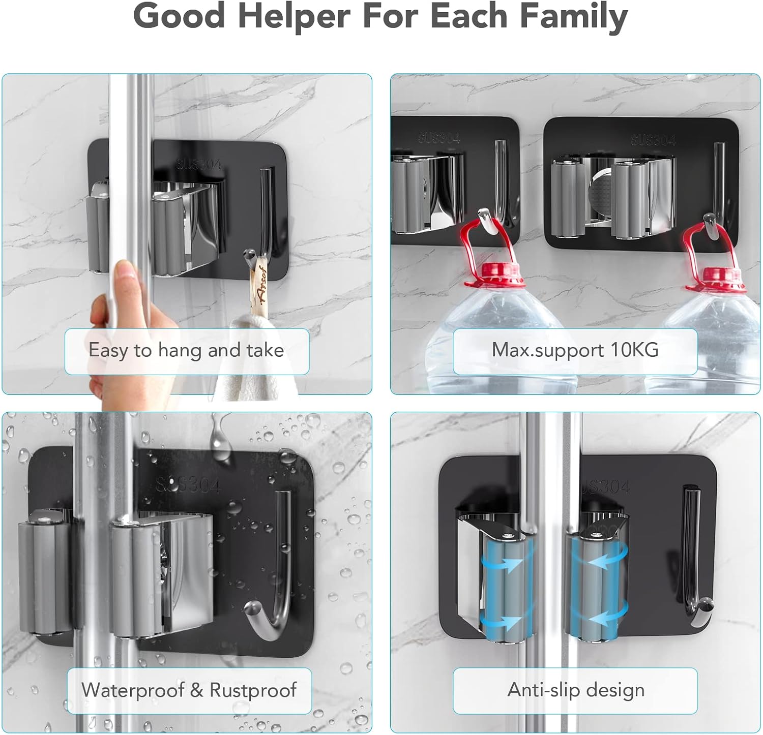 Thumbnail 3 de homeasy Mop Broom Holder 4 Pcs Wall Mounted Black Mix
