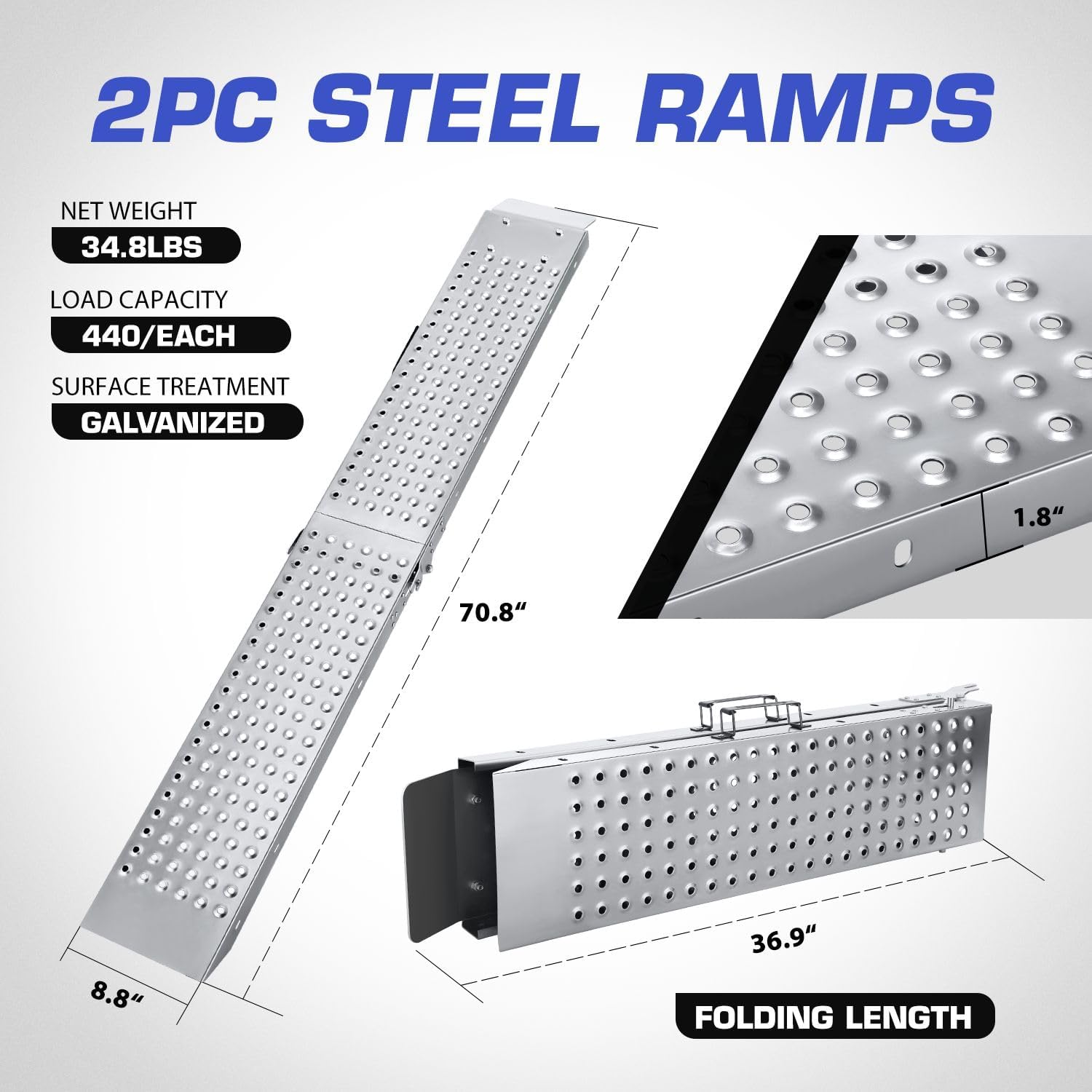 Detalle 1 de DNA Motoring Heavy Duty Folding Ramps (880 lbs capacity) 70" x 9" Multi-Use