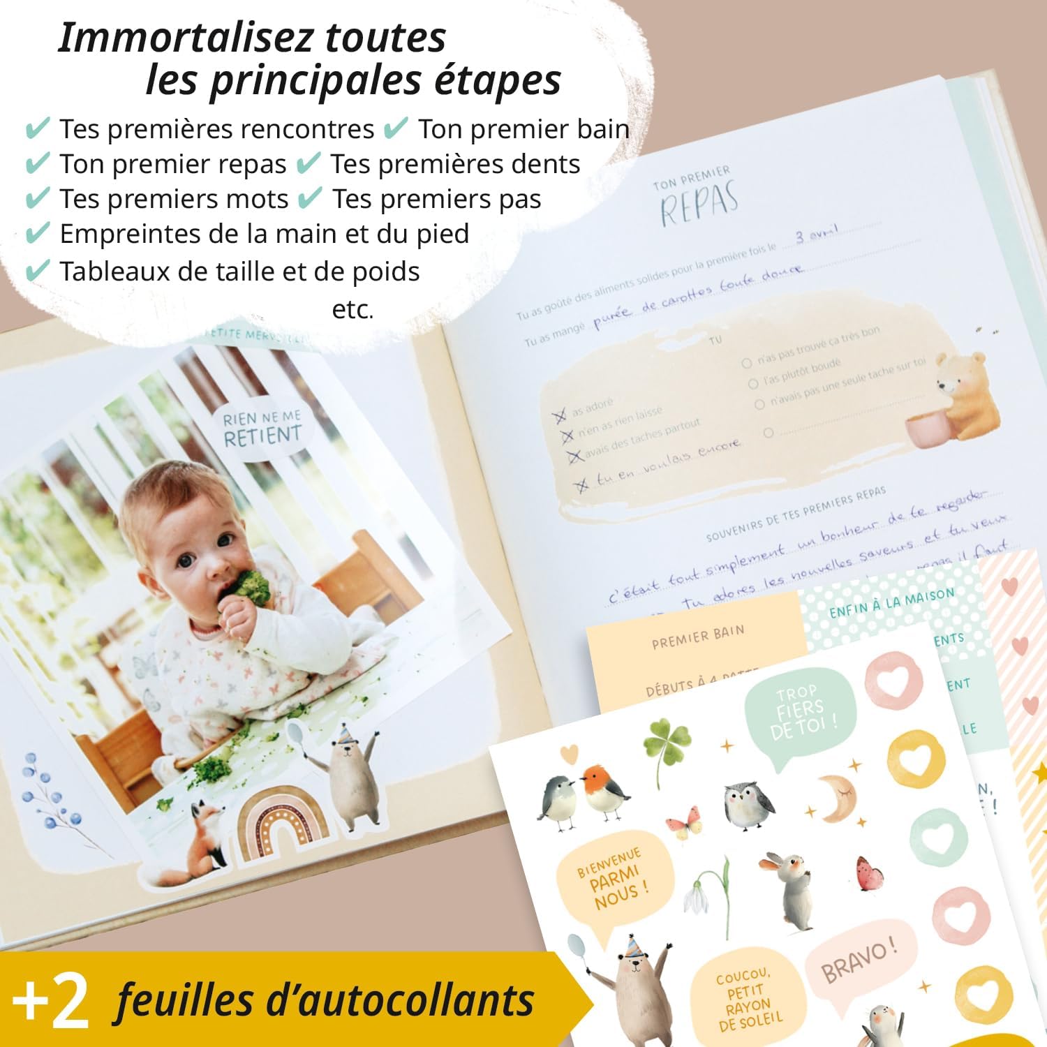 Detalle de Livre de naissance Ma première année + set d’autocollants – Album photo bébé Nature