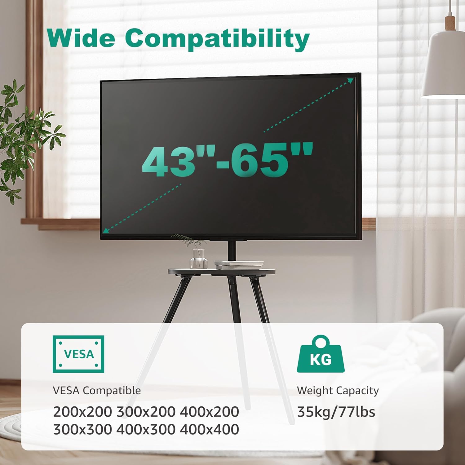 Thumbnail 1 de ECOTINY Metal Leg Tripod TV Stand for 43–65 Inch TVs with Wood Shelf, Height Adjustable Swivel, Black