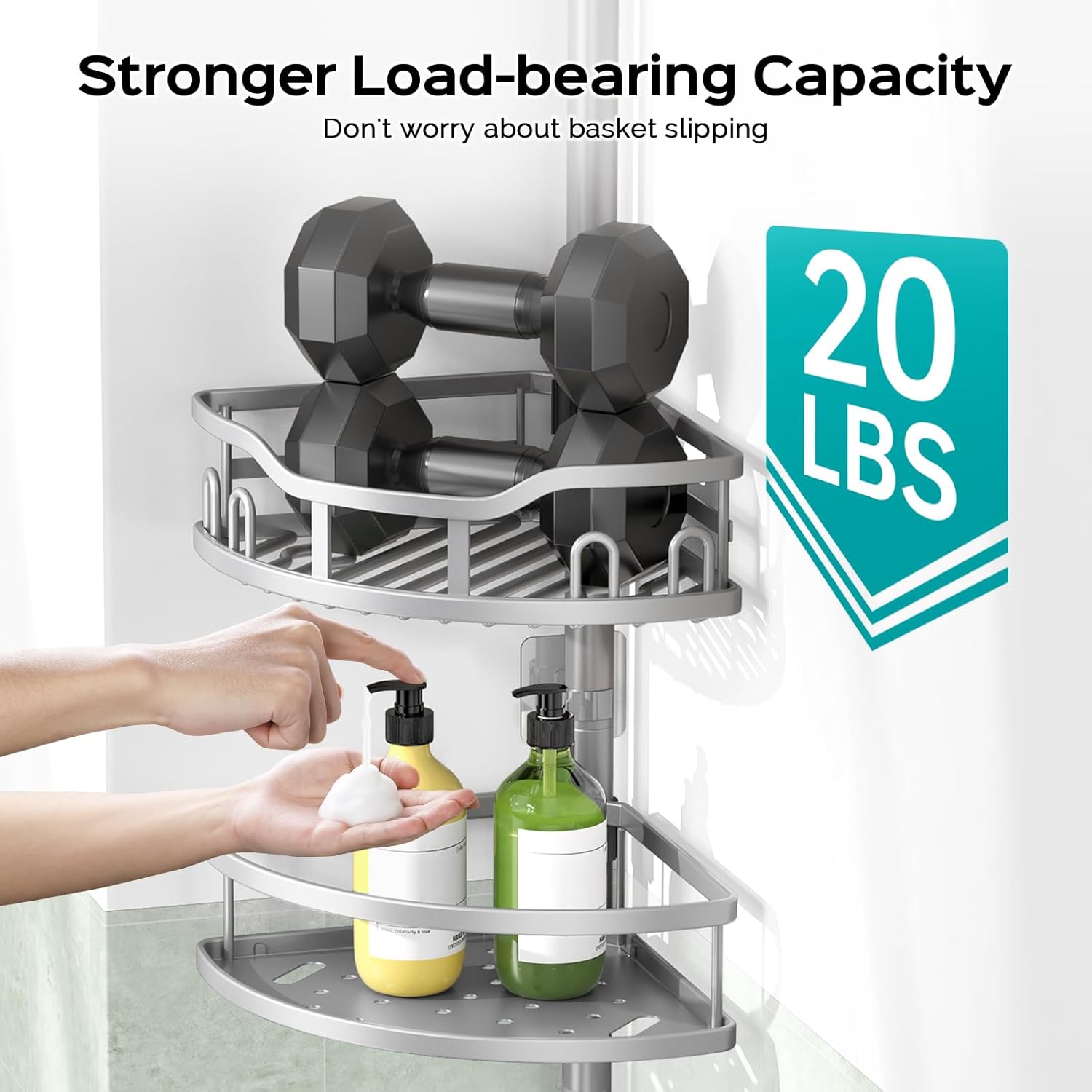 Thumbnail 2 de HAMITOR Corner Shower Caddy Tension Pole – 4-Tier Rustproof Steel Organizer for 47–121 Inch Corners