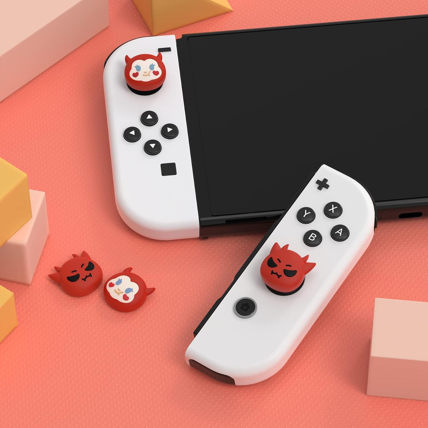 Detalle 2 de playvital Thumb Grips for Nintendo Switch (Switch Lite & OLED) – Red Little Devils silicone caps