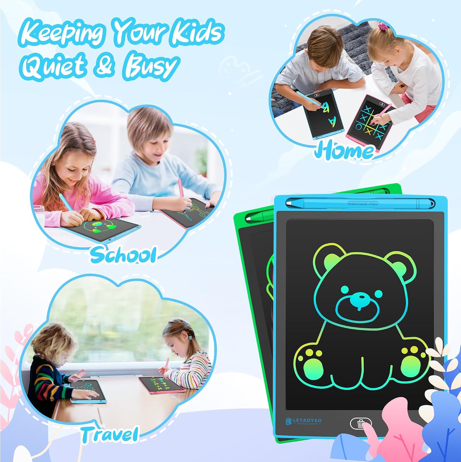 Detalle de LEYAOYAO 3 Pack 8.5 Inch LCD Writing Tablet for Kids – Colourful Doodle Pad with 3 Styluses