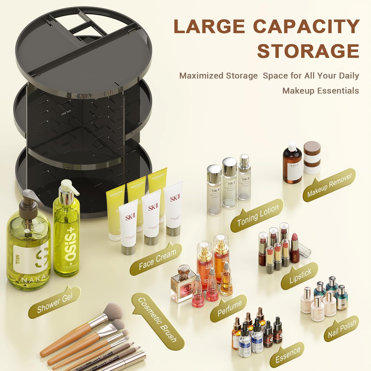 Detalle 2 de Auxmir Make Up Organizer mit 9 einstellbaren Stufen – 360° Drehbar, Extra Groß, schwarz